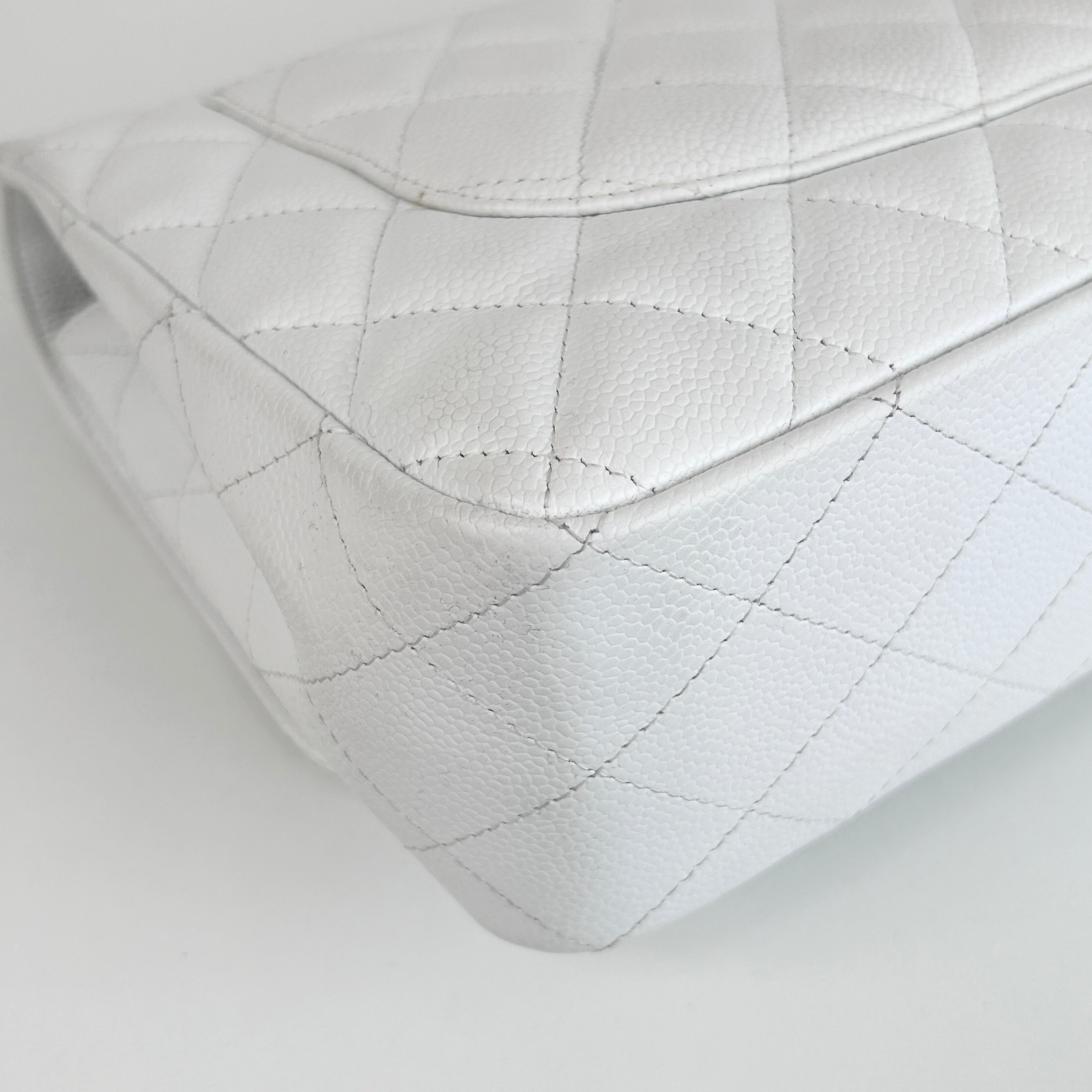 White Caviar Quilted Jumbo Single Flap Bag w/SHW