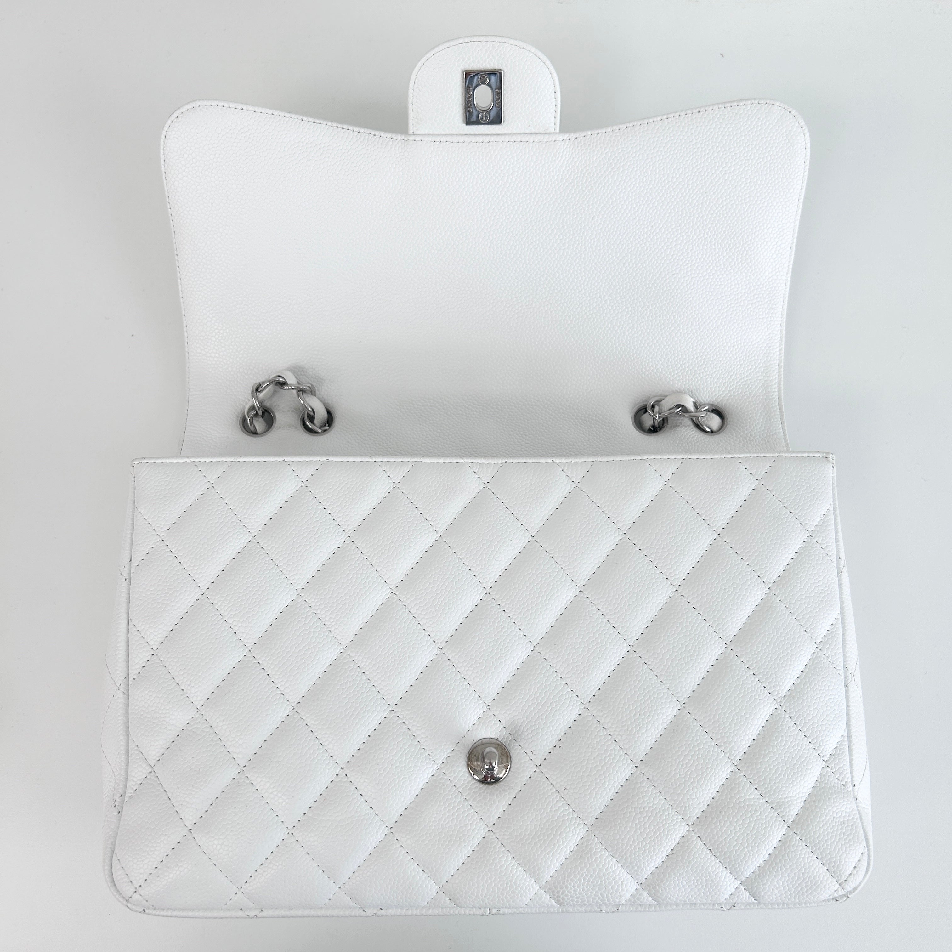 White Caviar Quilted Jumbo Single Flap Bag w/SHW