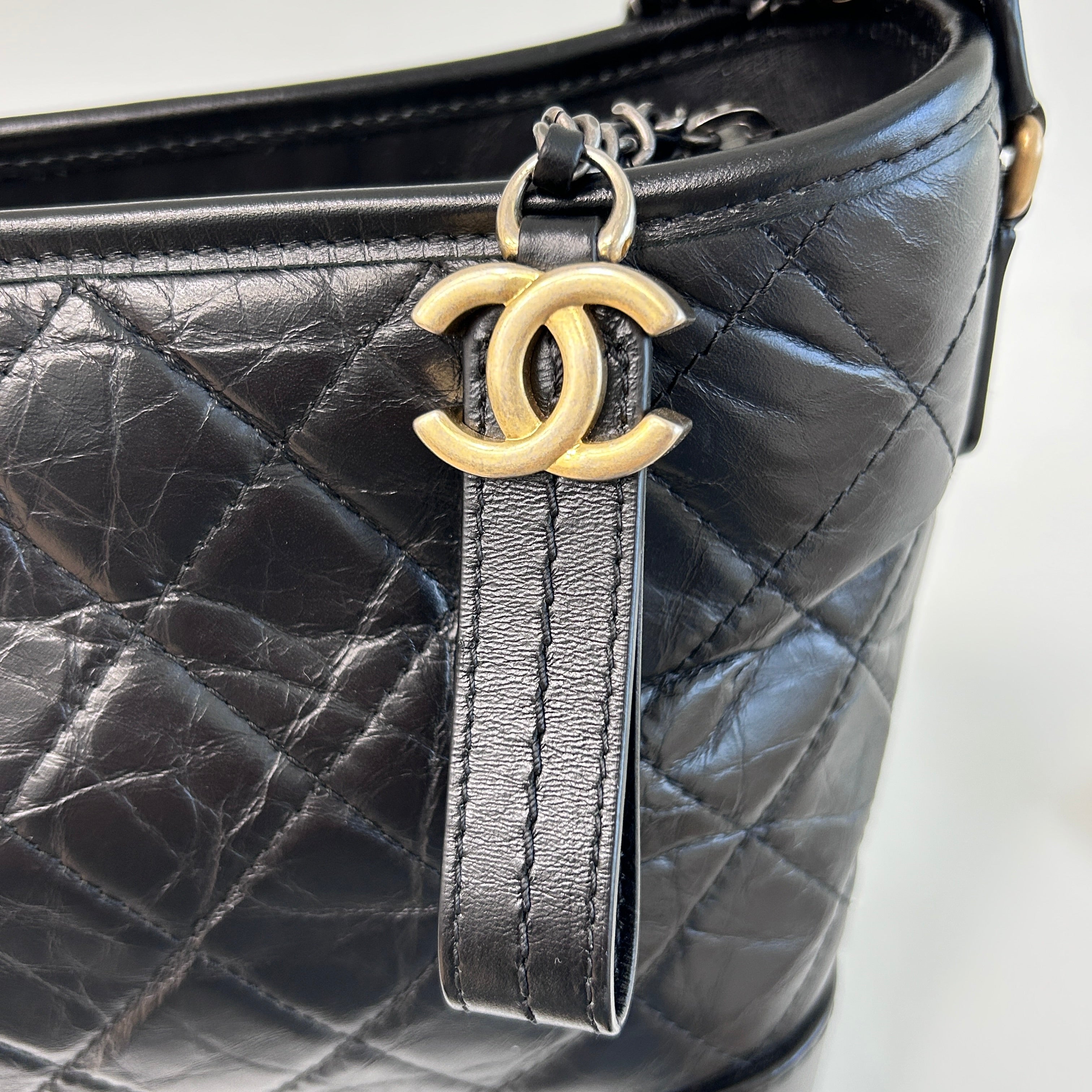 Black Aged Quilted Calfskin Leather Medium Gabrielle Hobo Bag w/AGHW/RHW/SHW/GHW