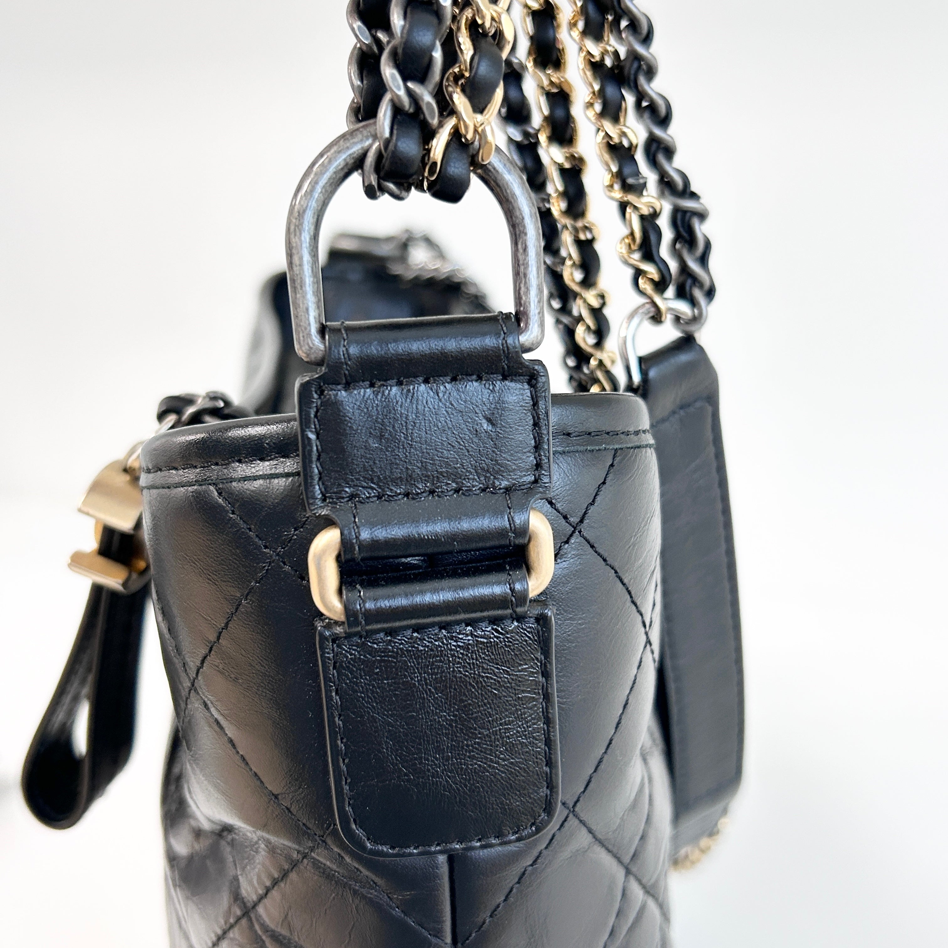 Black Aged Quilted Calfskin Leather Medium Gabrielle Hobo Bag w/AGHW/RHW/SHW/GHW