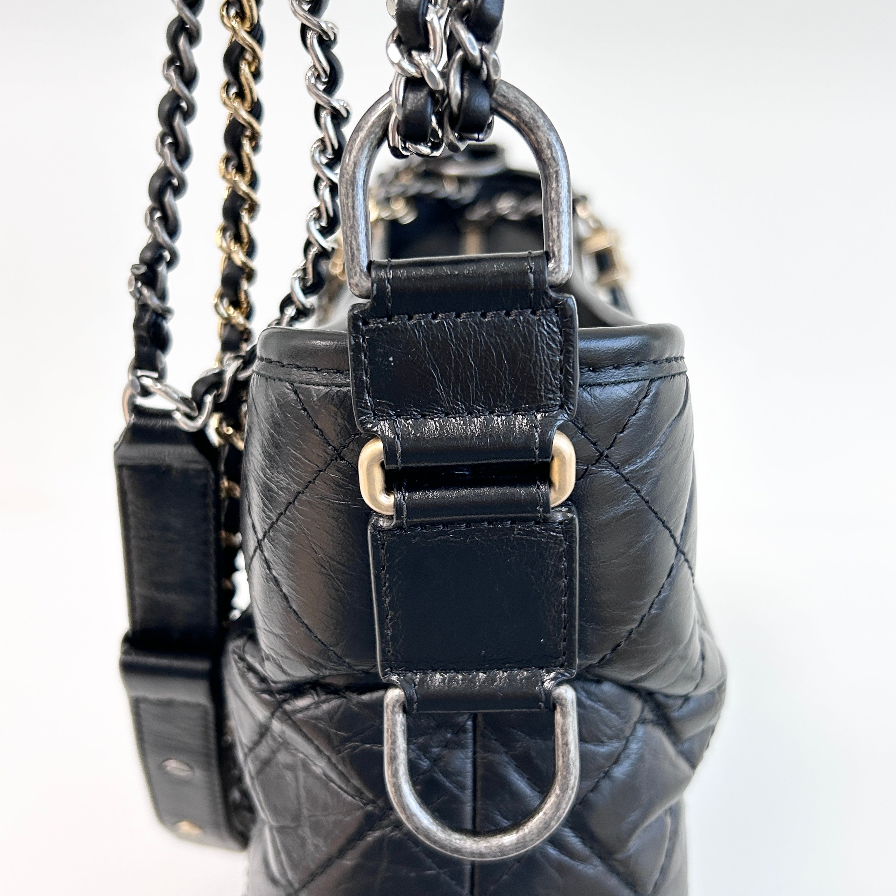 Black Aged Quilted Calfskin Leather Medium Gabrielle Hobo Bag w/AGHW/RHW/SHW/GHW