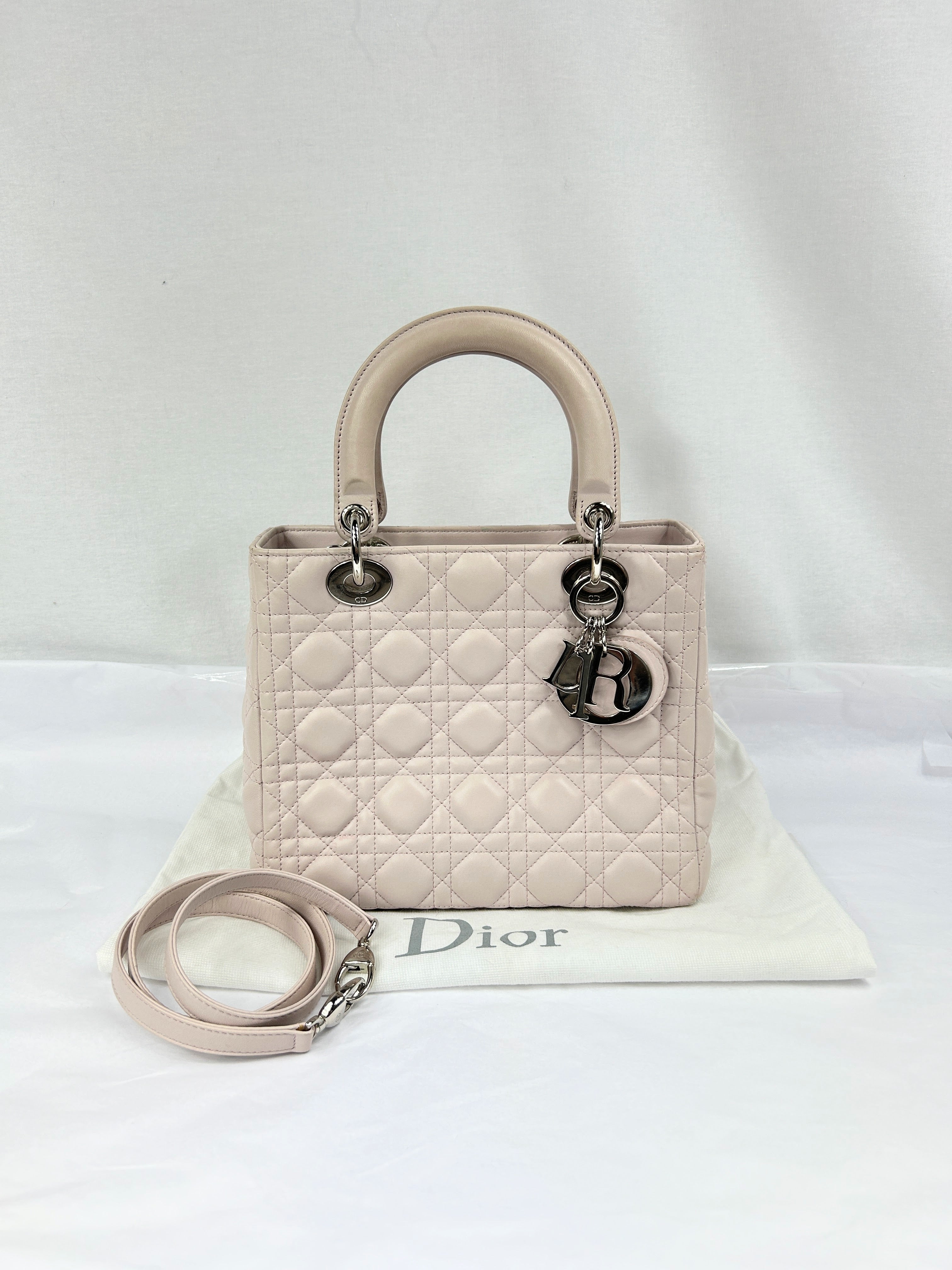 Quilted Medium Light Pink Lambskin Leather Lady Dior w/SHW