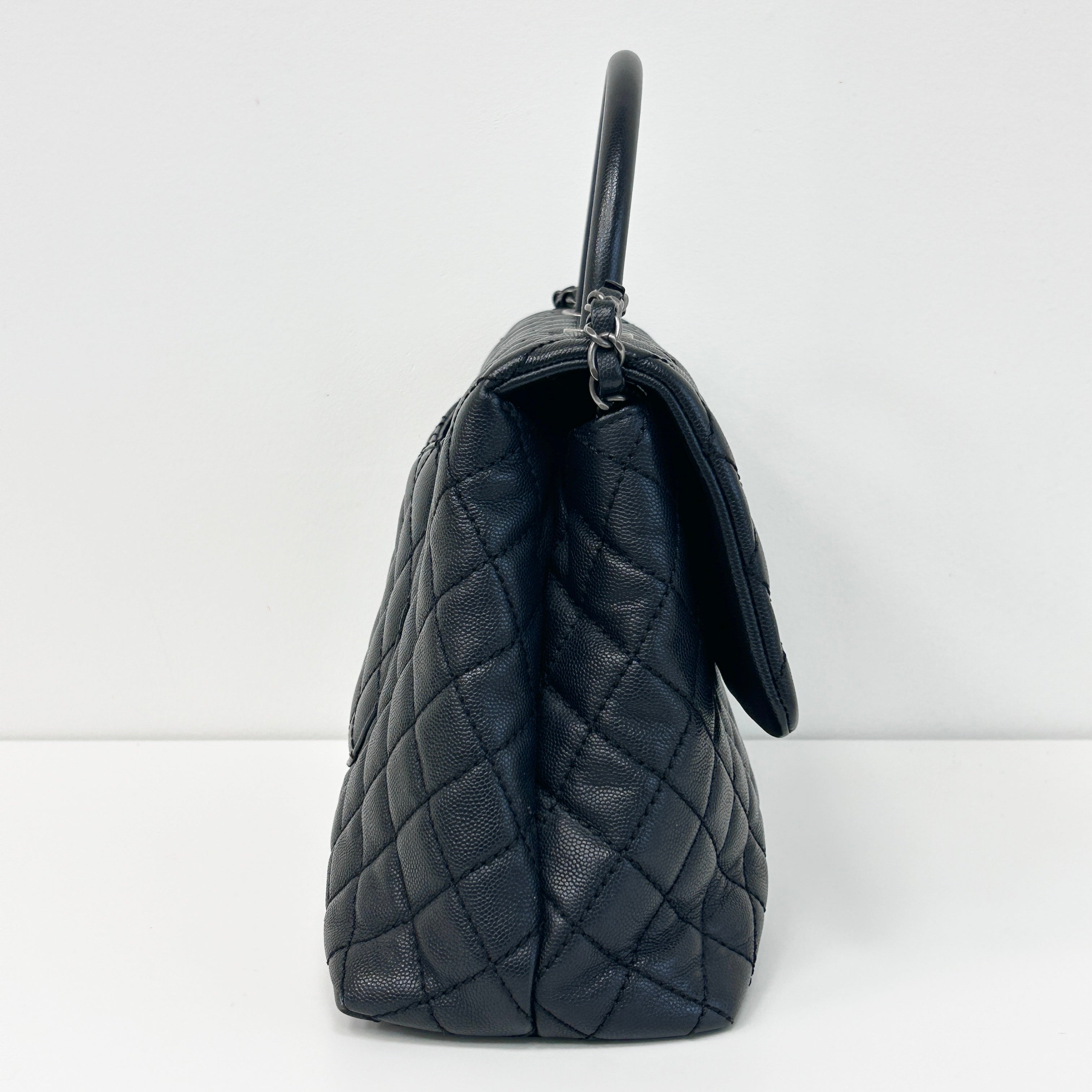 Black Caviar Quilted Coco Handle Large Bag w/RHW