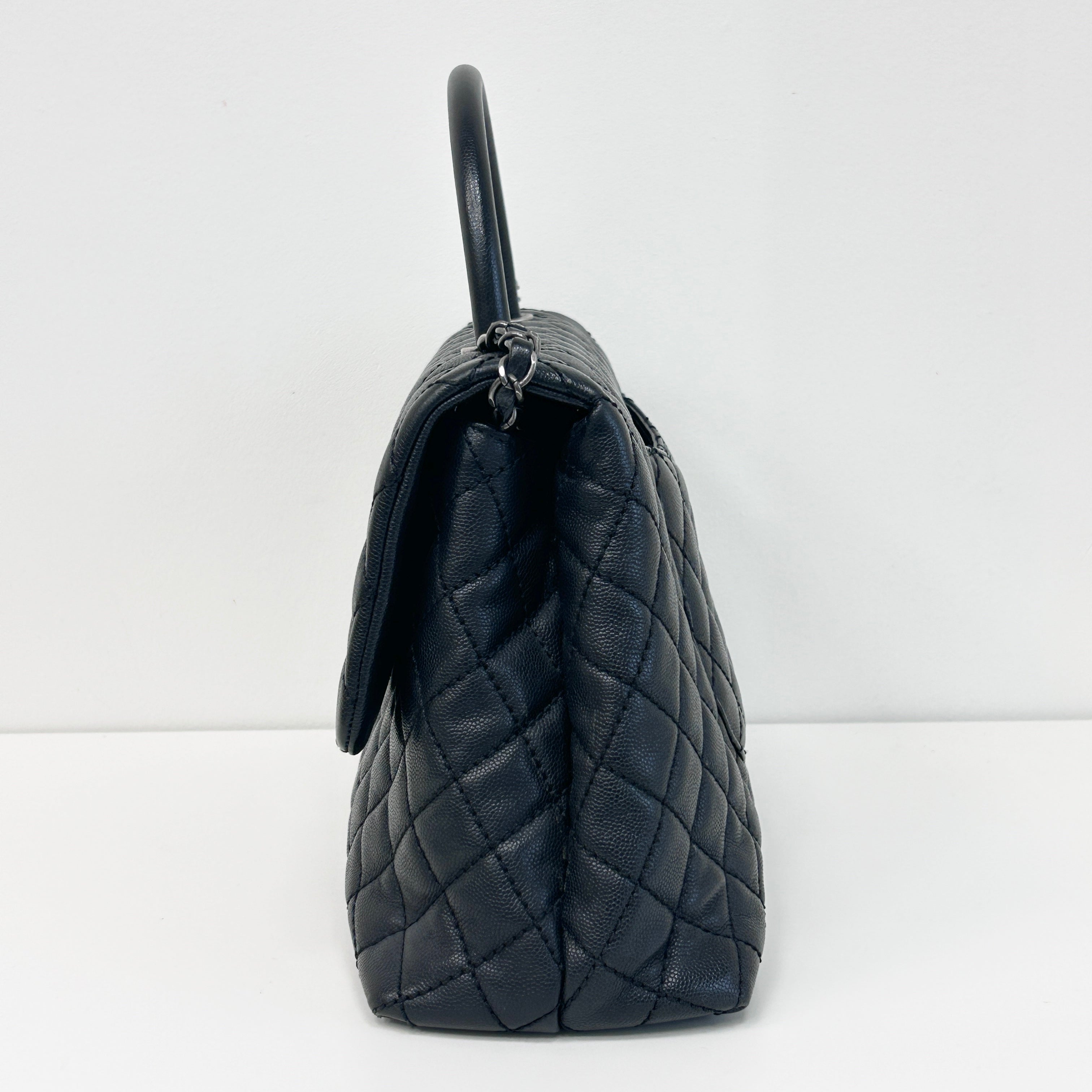 Black Caviar Quilted Coco Handle Large Bag w/RHW