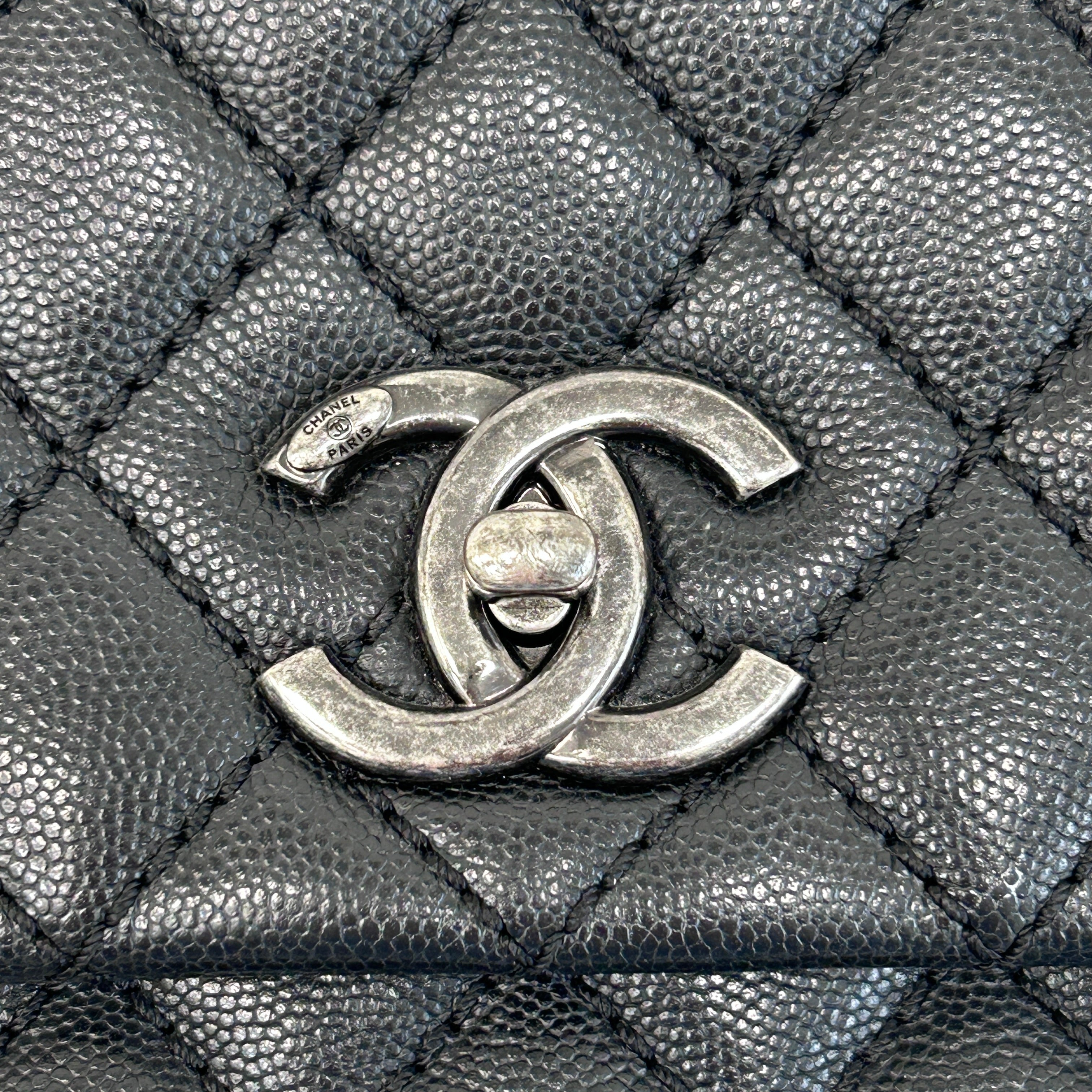 Black Caviar Quilted Coco Handle Large Bag w/RHW