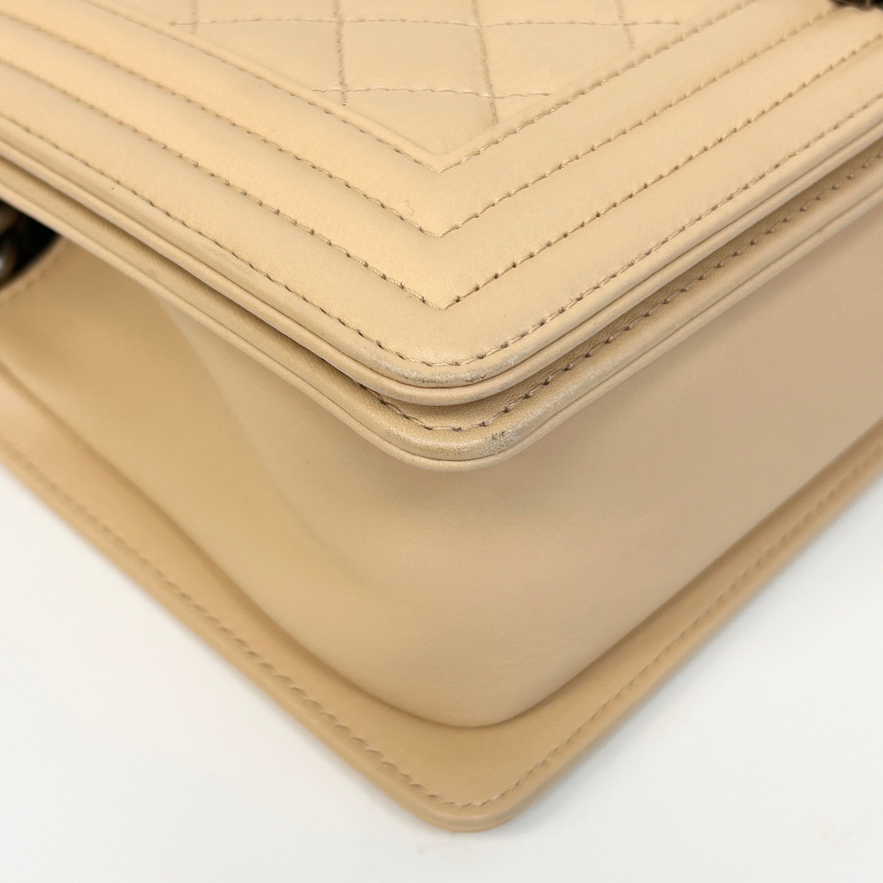 Beige Quilted Lambskin Leather Medium Boy Bag w/RHW