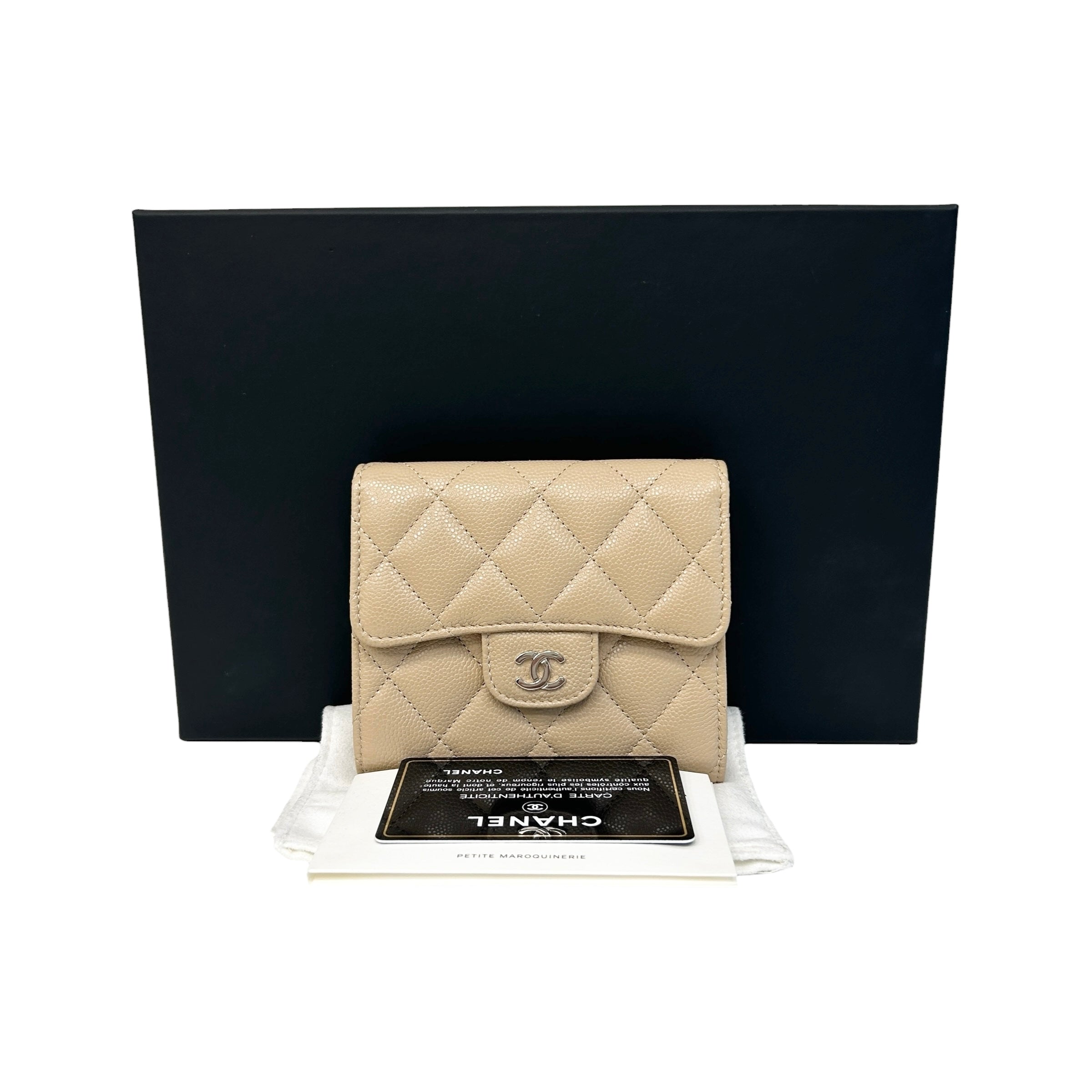 Beige Quilted Caviar Leather CC Compact Flap Wallet
