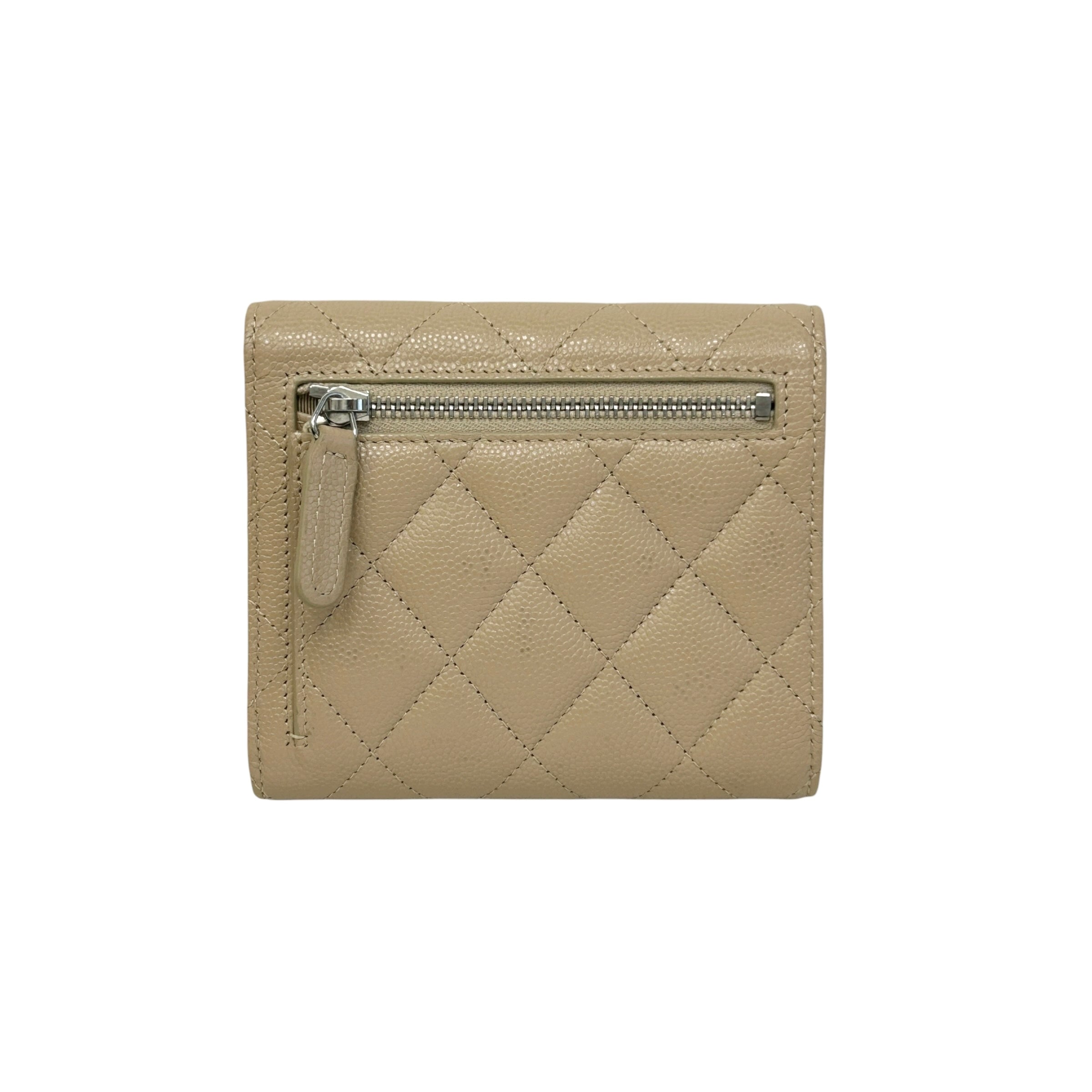 Beige Quilted Caviar Leather CC Compact Flap Wallet
