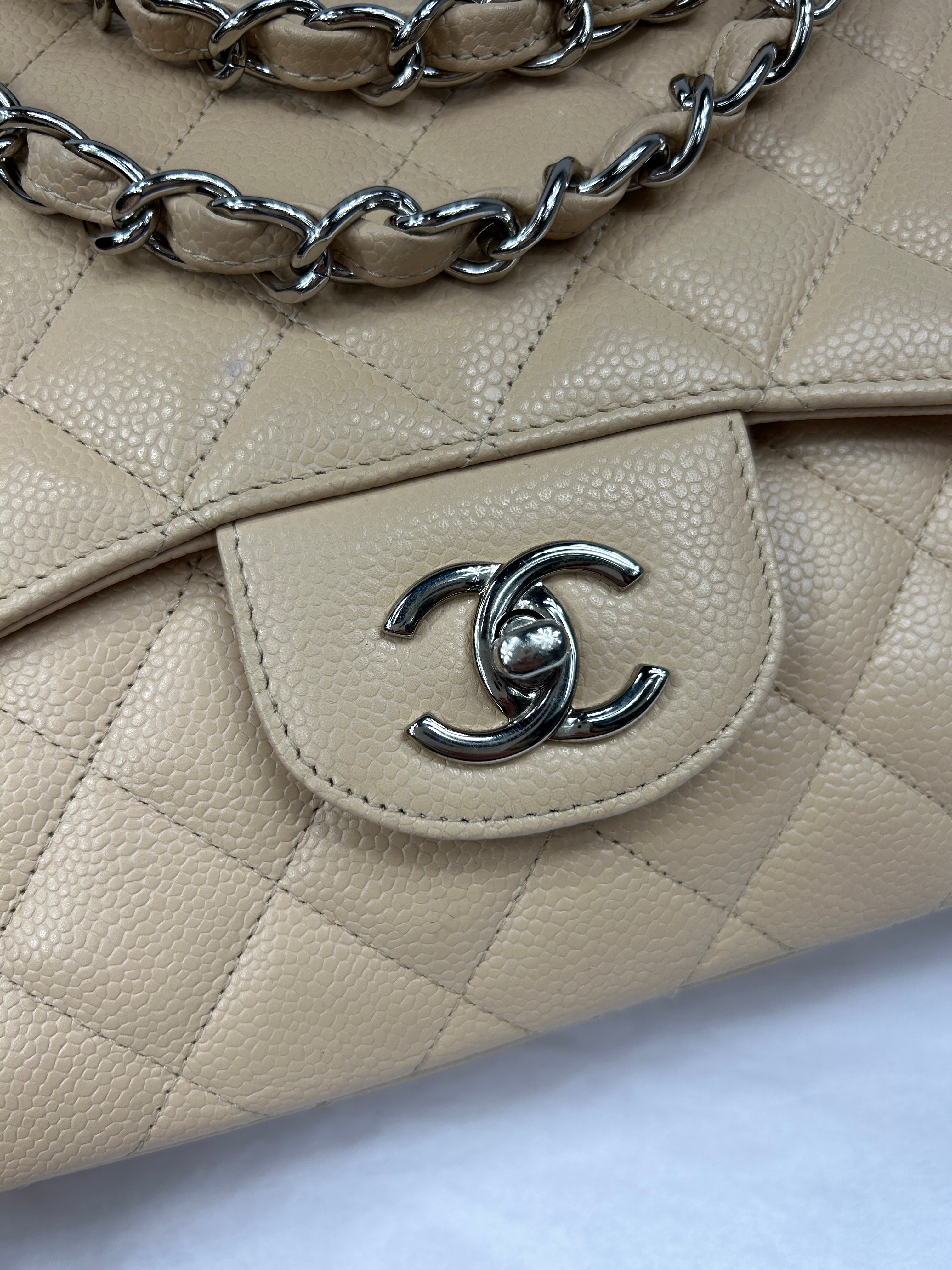 Beige Caviar Quilted Single Flap Jumbo w/SHW