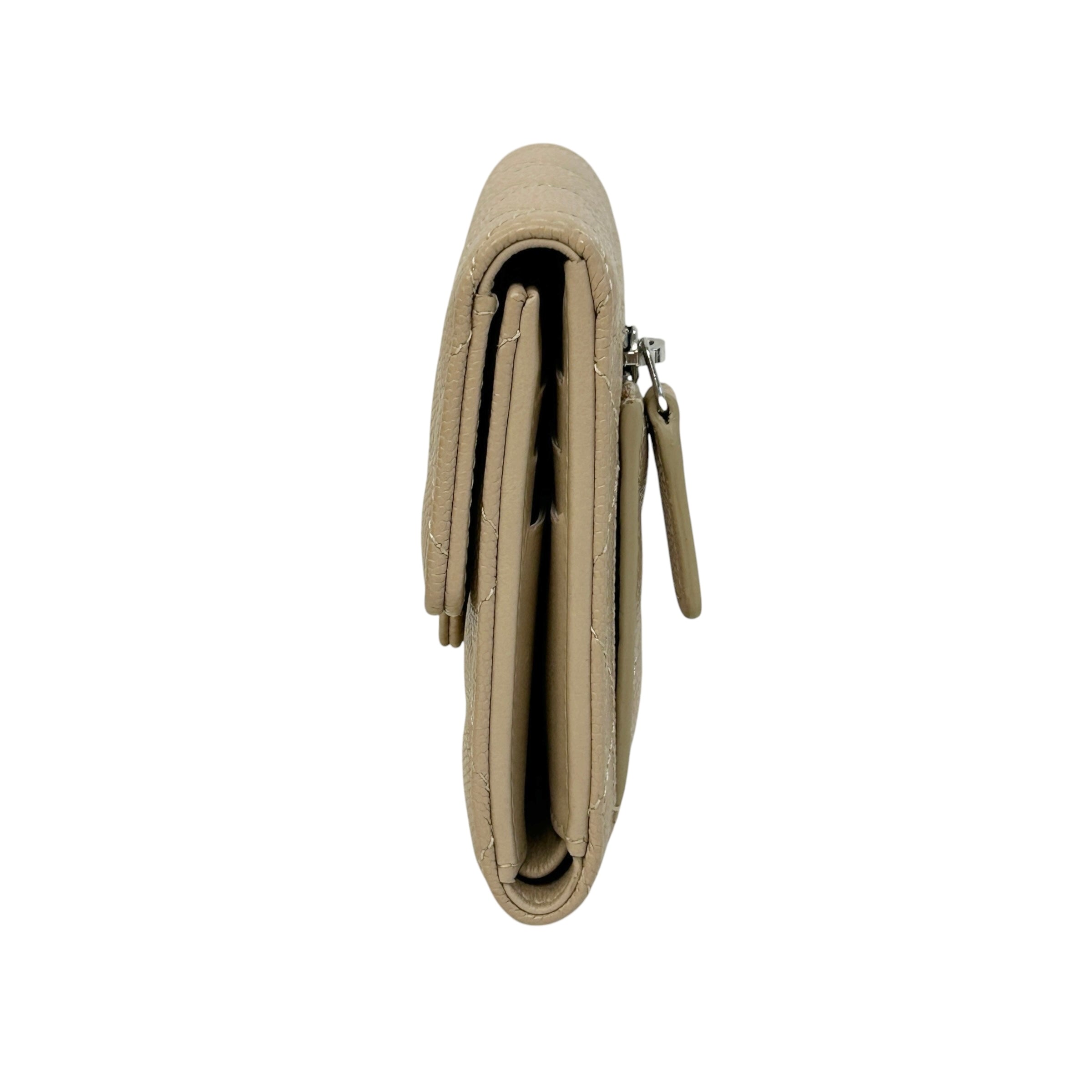 Beige Quilted Caviar Leather CC Compact Flap Wallet