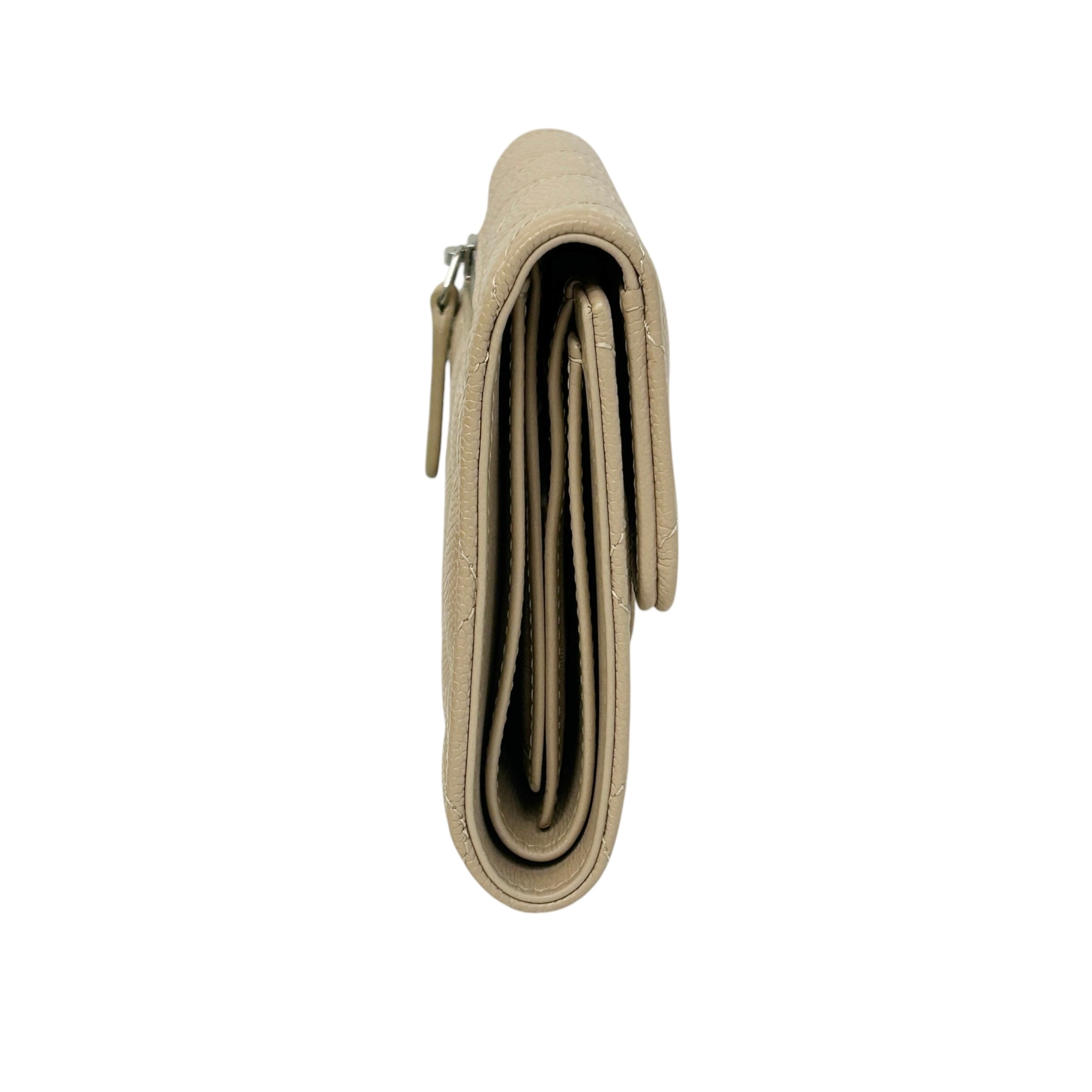 Beige Quilted Caviar Leather CC Compact Flap Wallet