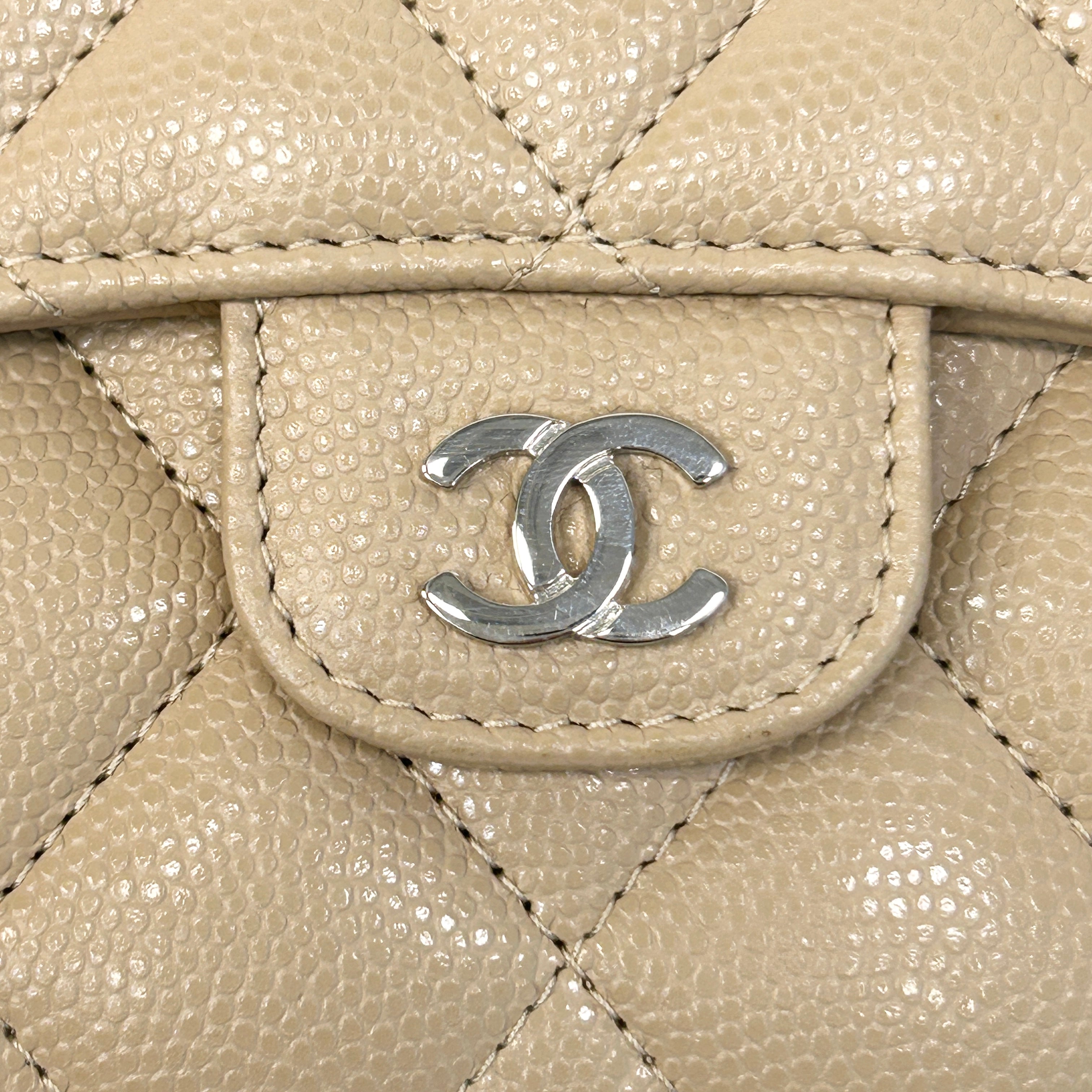 Beige Quilted Caviar Leather CC Compact Flap Wallet