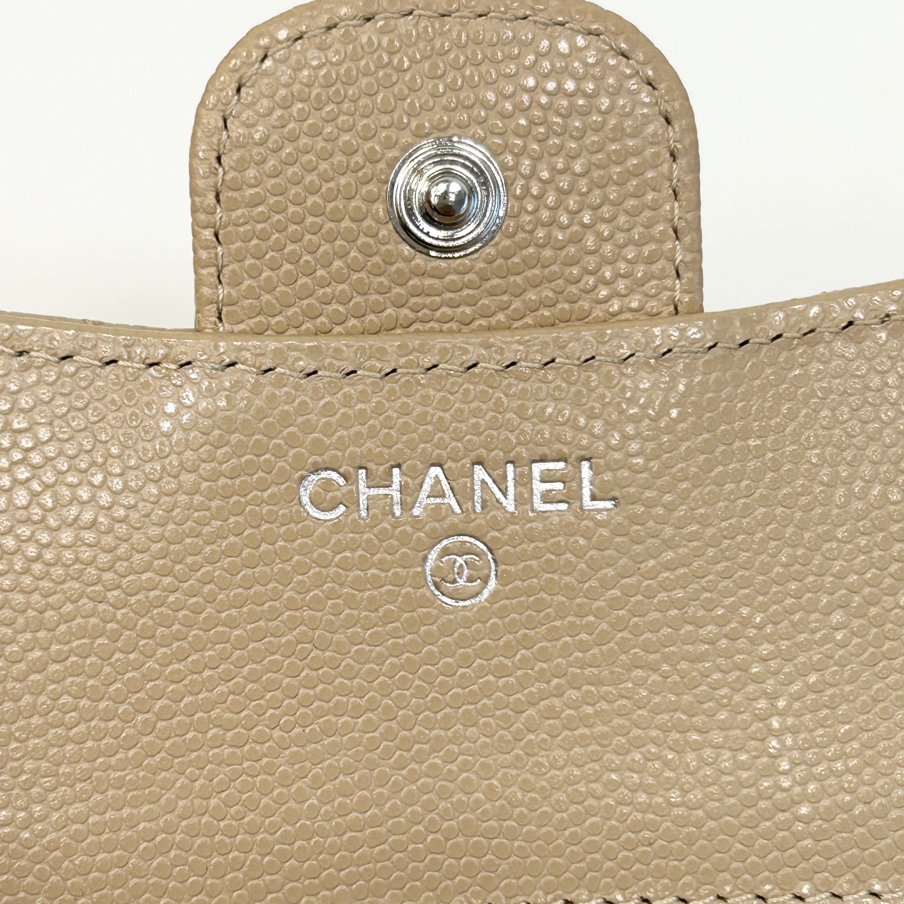 Beige Quilted Caviar Leather CC Compact Flap Wallet