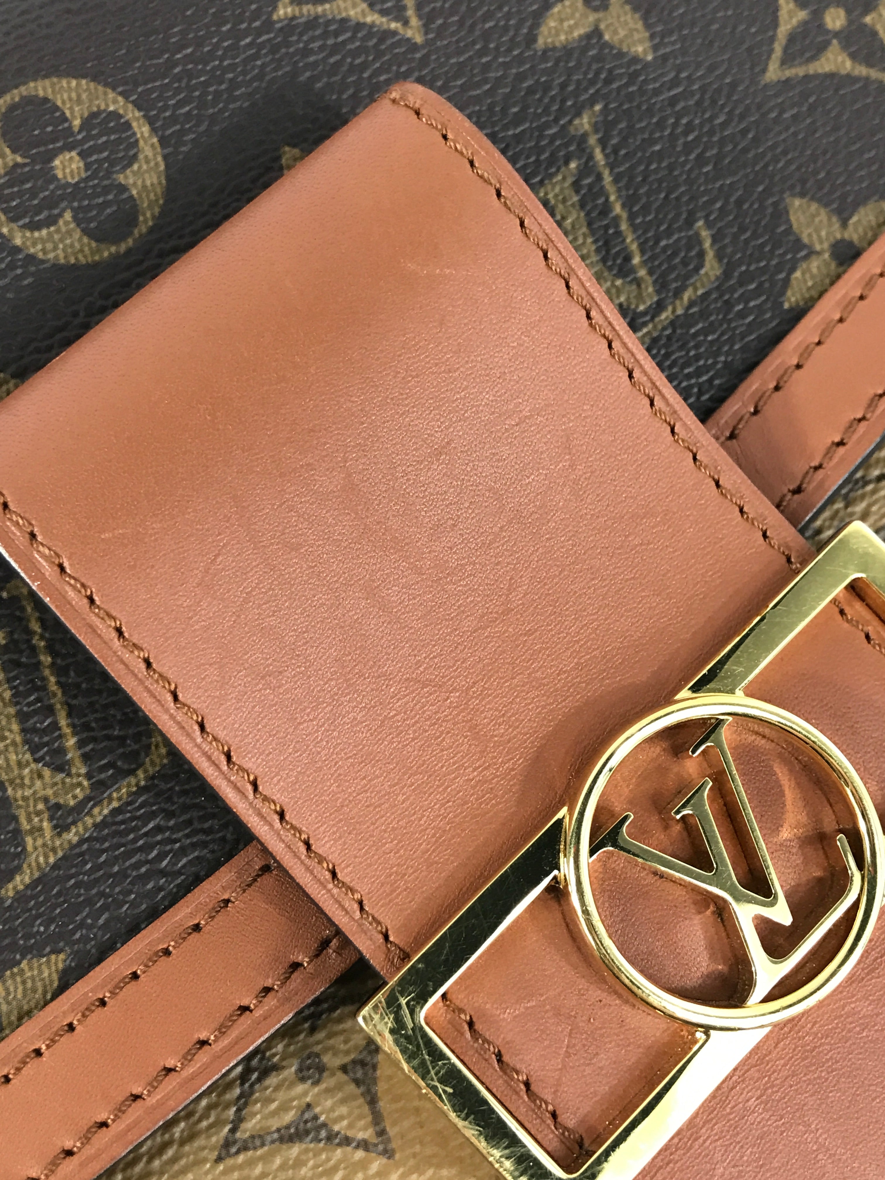 Monogram Canvas Reverse Tan Dauphine Grained Calf Leather MM Shoulder Bag w/GHW