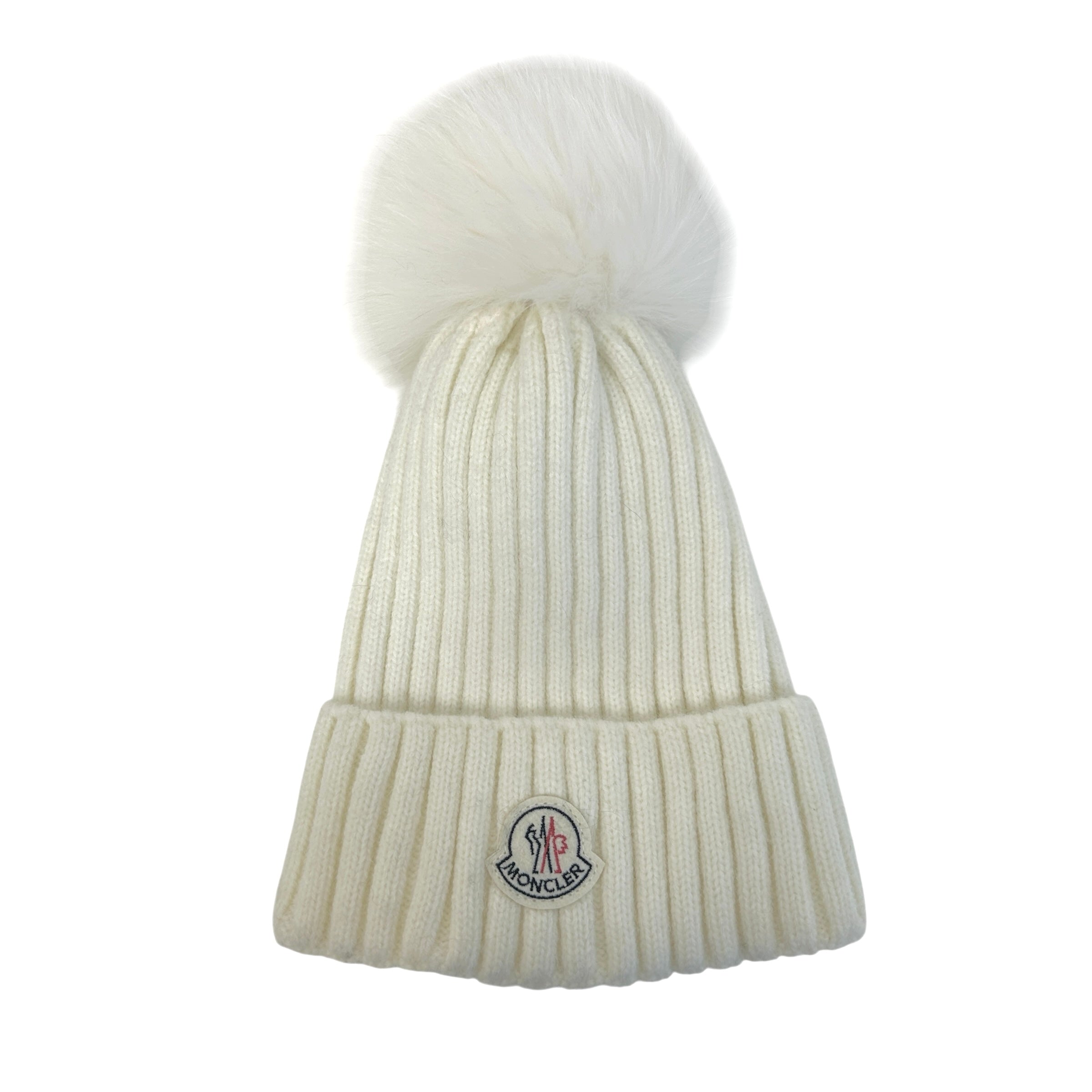 White Wool Knit Fox Fur Pom Pom Berretto Beanie
