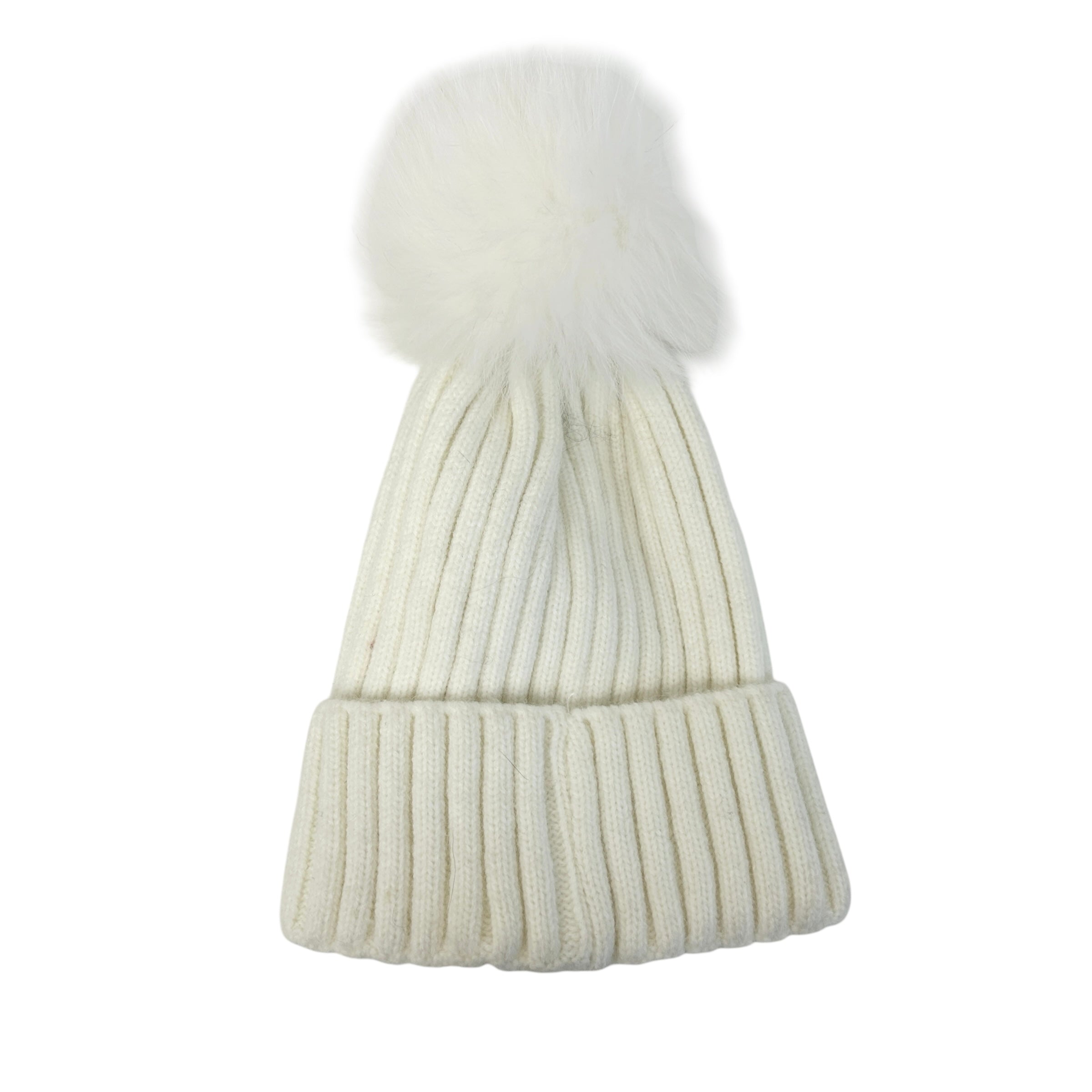 White Wool Knit Fox Fur Pom Pom Berretto Beanie