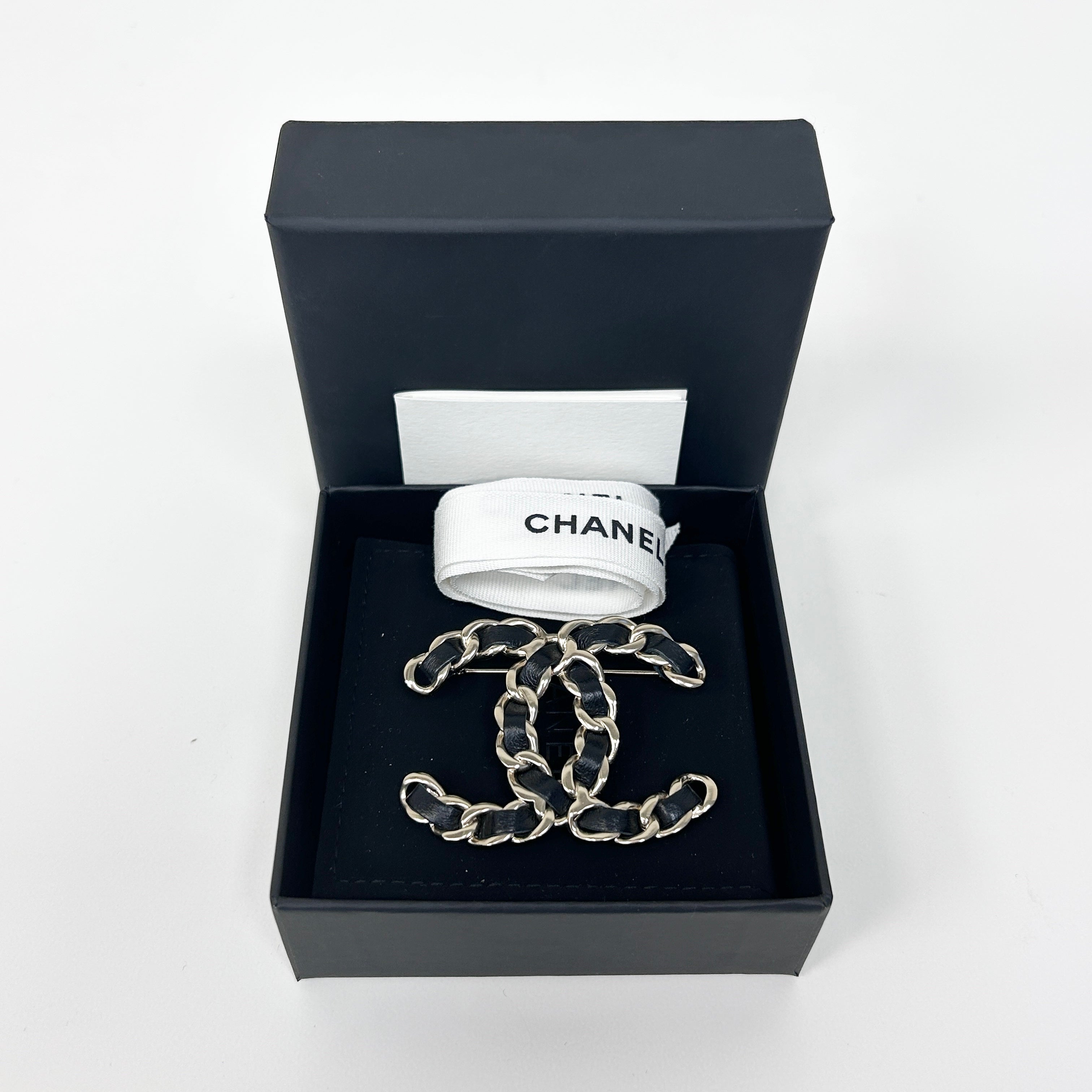 Black Leather and Chain Entwined CC Brooch w/LGHW