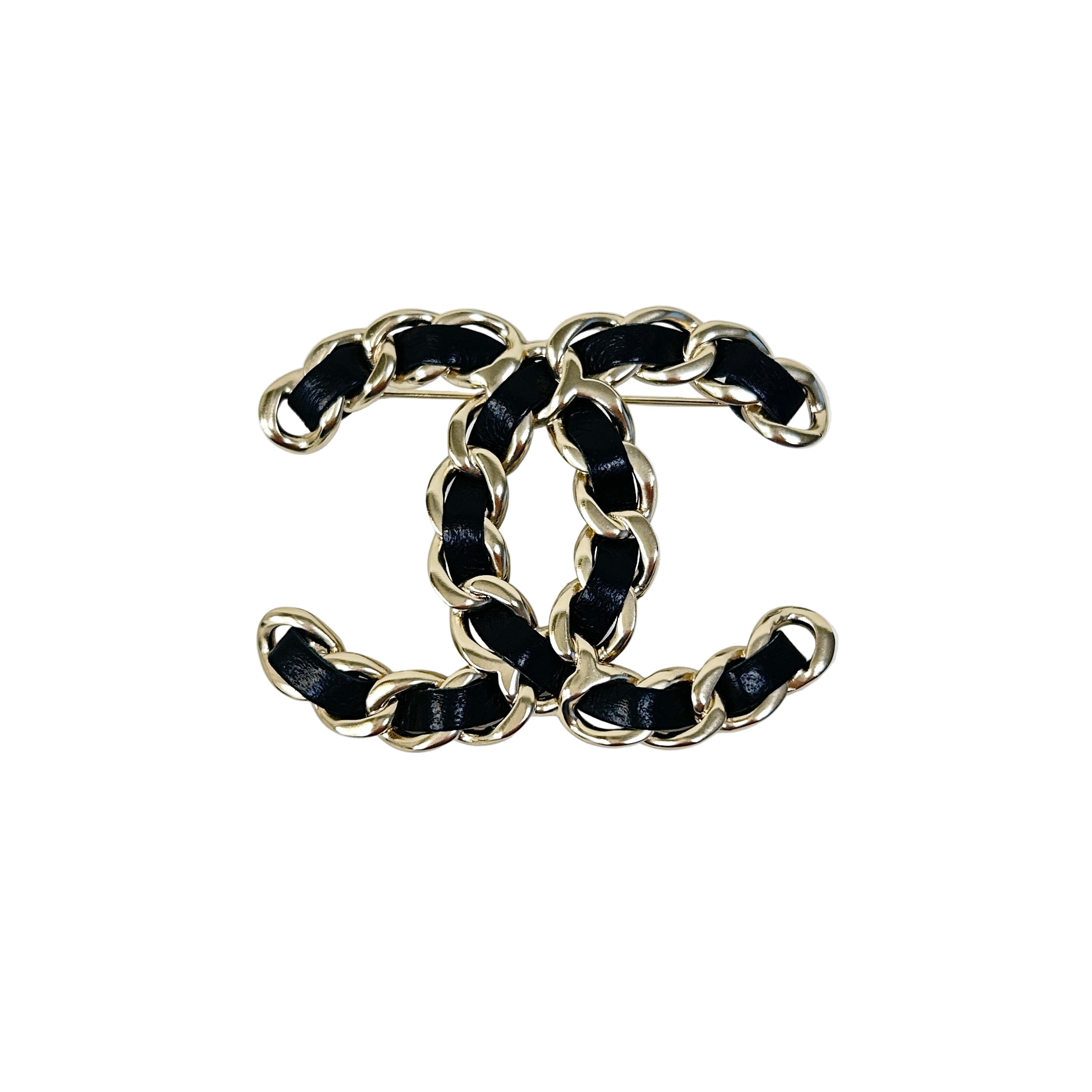 Black Leather and Chain Entwined CC Brooch w/LGHW