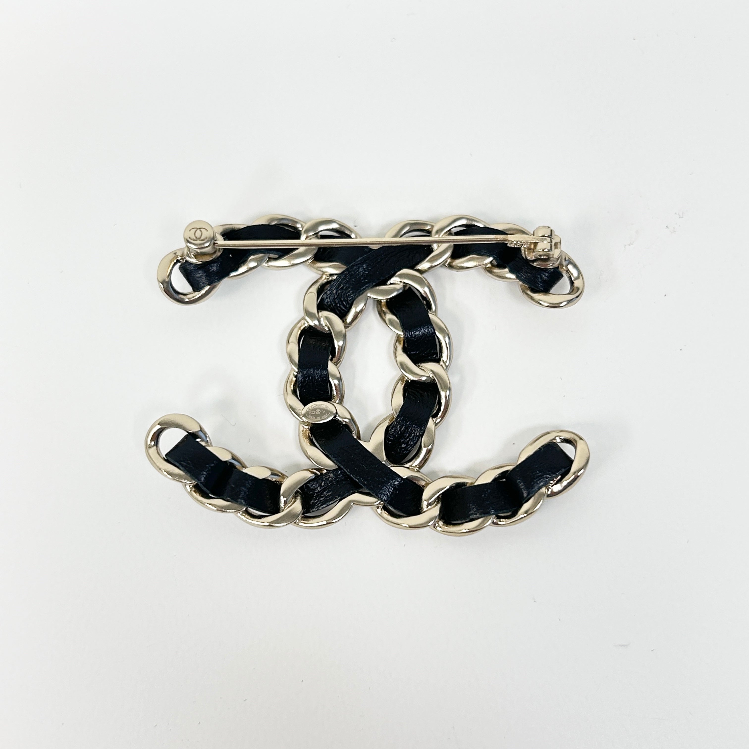 Black Leather and Chain Entwined CC Brooch w/LGHW