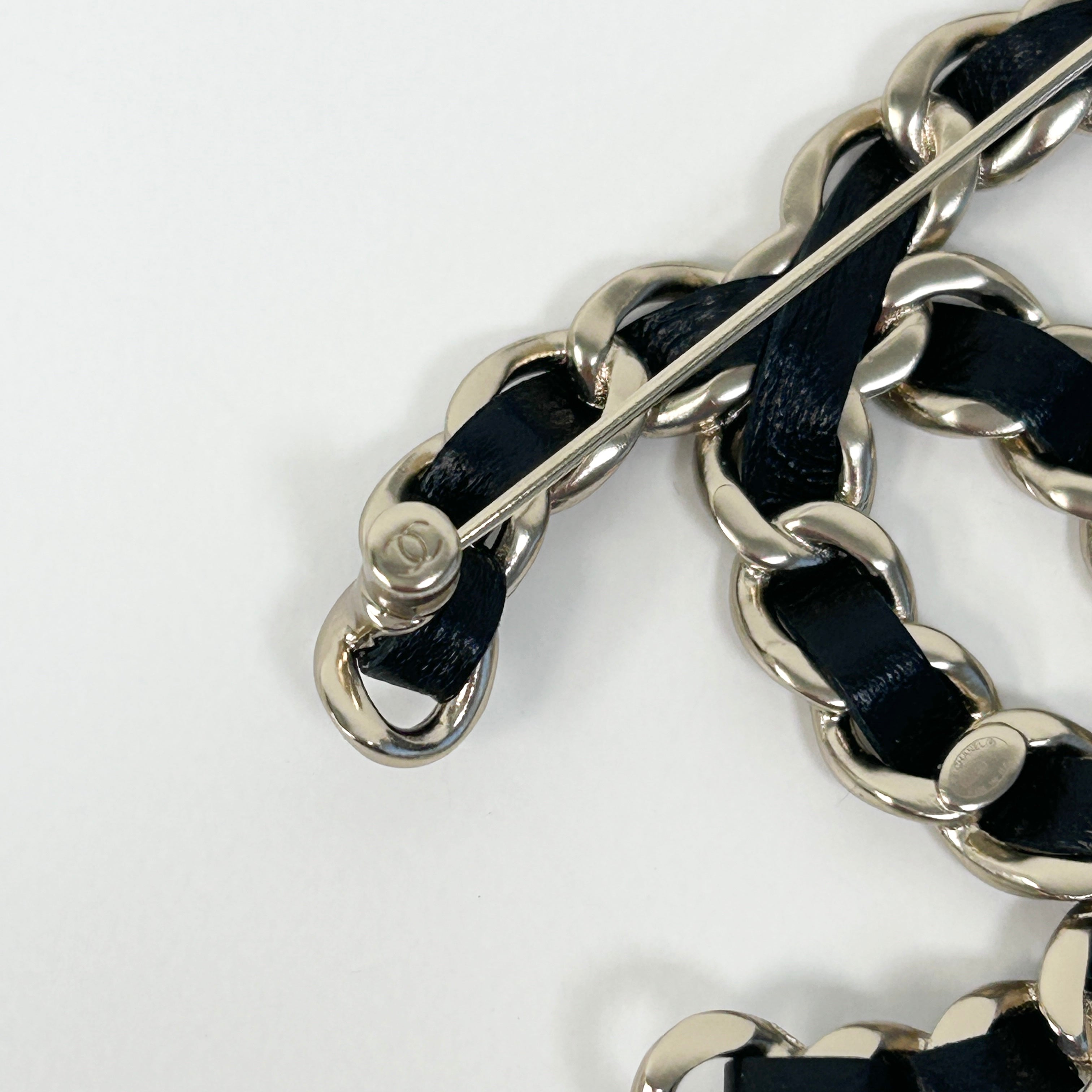 Black Leather and Chain Entwined CC Brooch w/LGHW