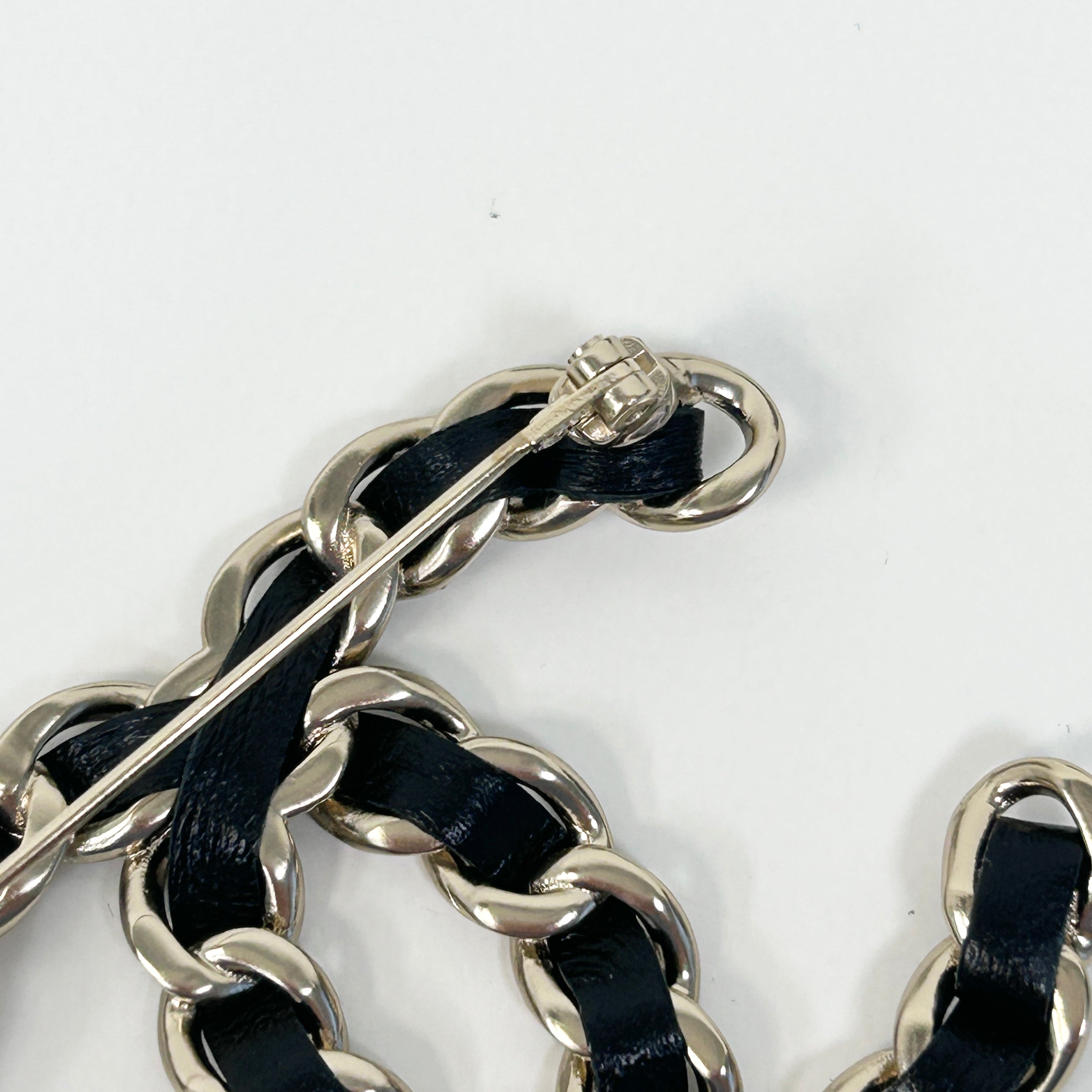 Black Leather and Chain Entwined CC Brooch w/LGHW