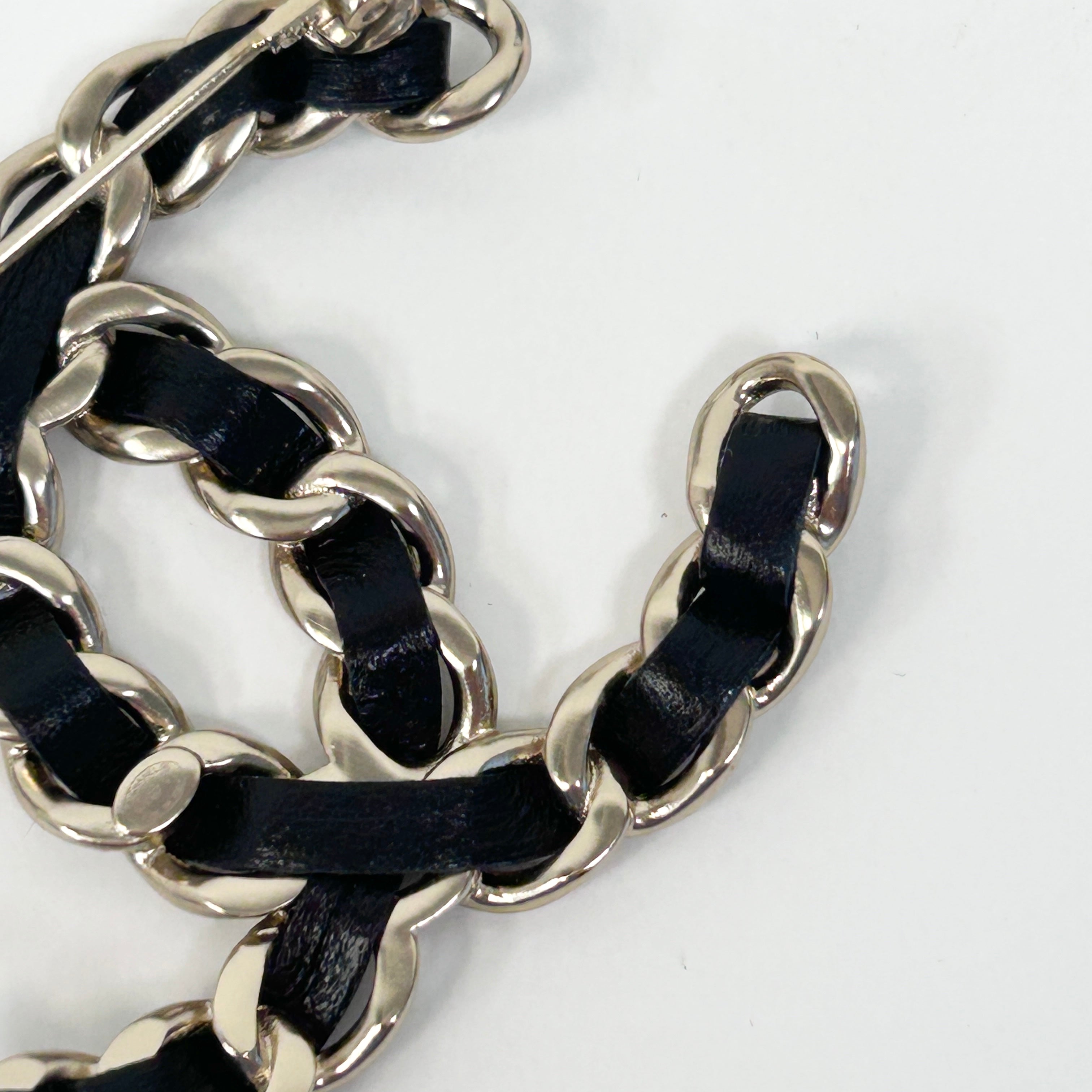 Black Leather and Chain Entwined CC Brooch w/LGHW