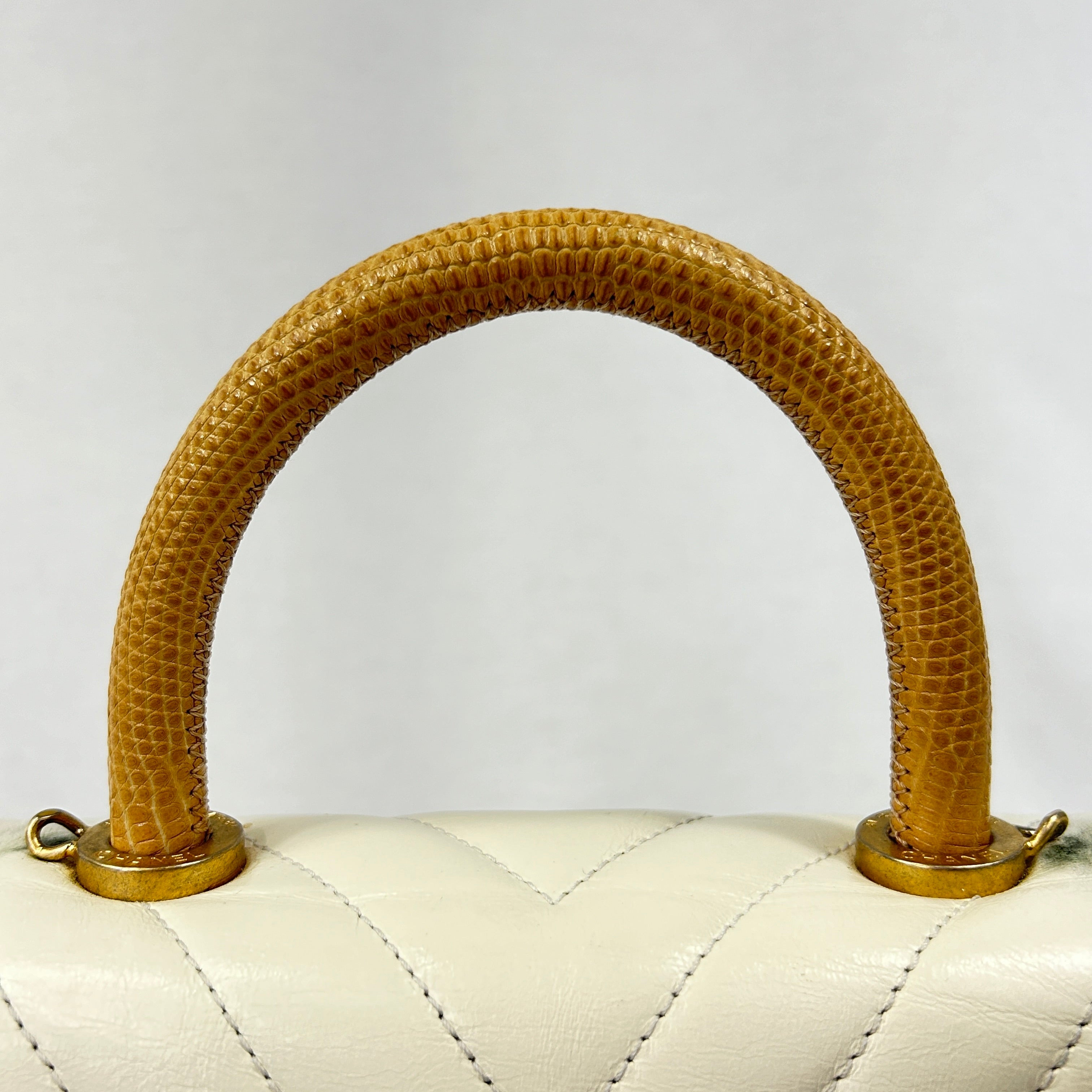 White Chevron Crinkled Calfskin Beige Lizard Mini Coco Handle W/AGHW