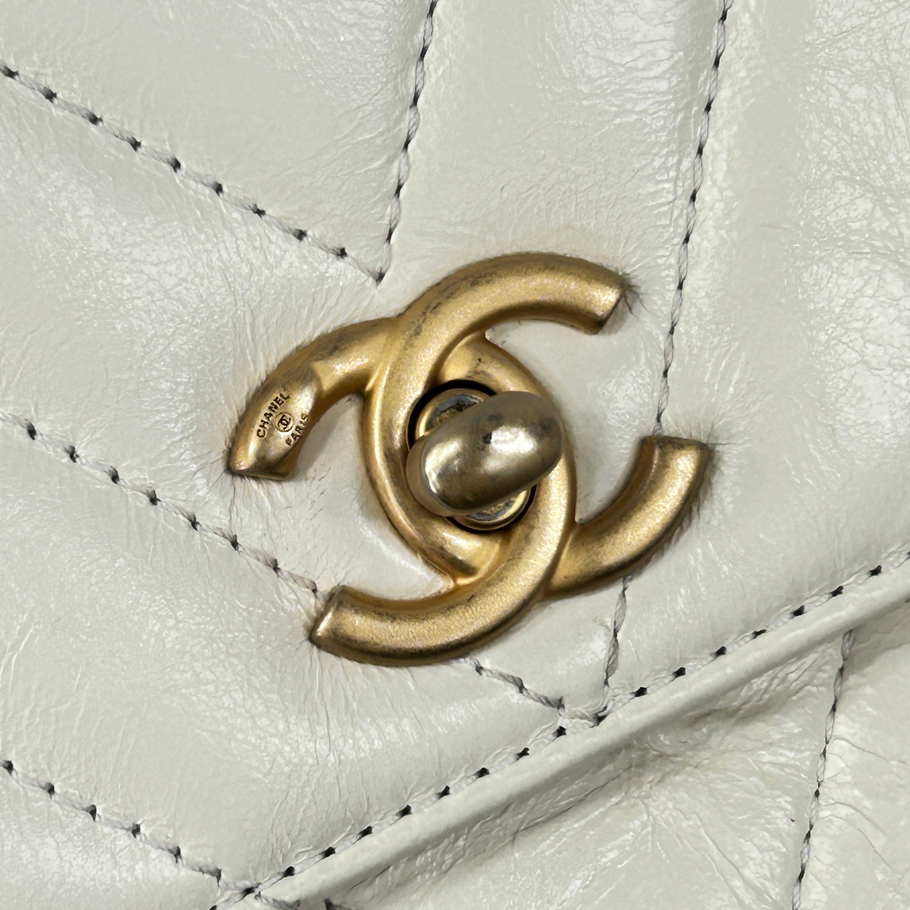 White Chevron Crinkled Calfskin Beige Lizard Mini Coco Handle W/AGHW