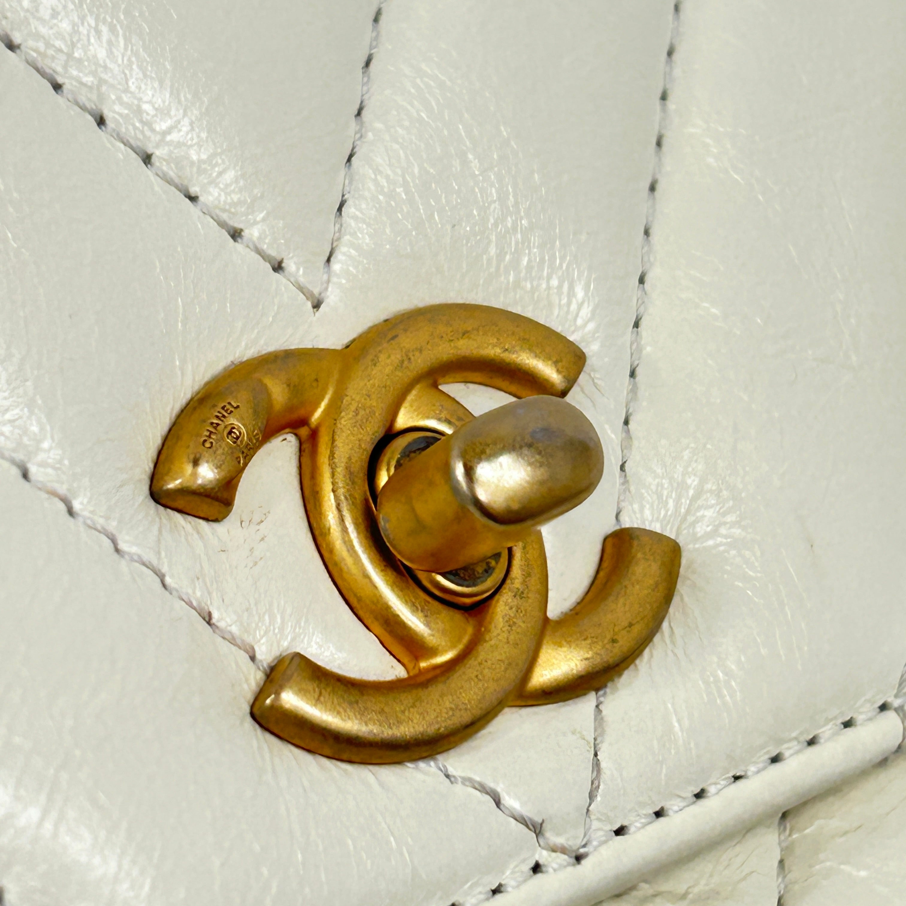 White Chevron Crinkled Calfskin Beige Lizard Mini Coco Handle W/AGHW