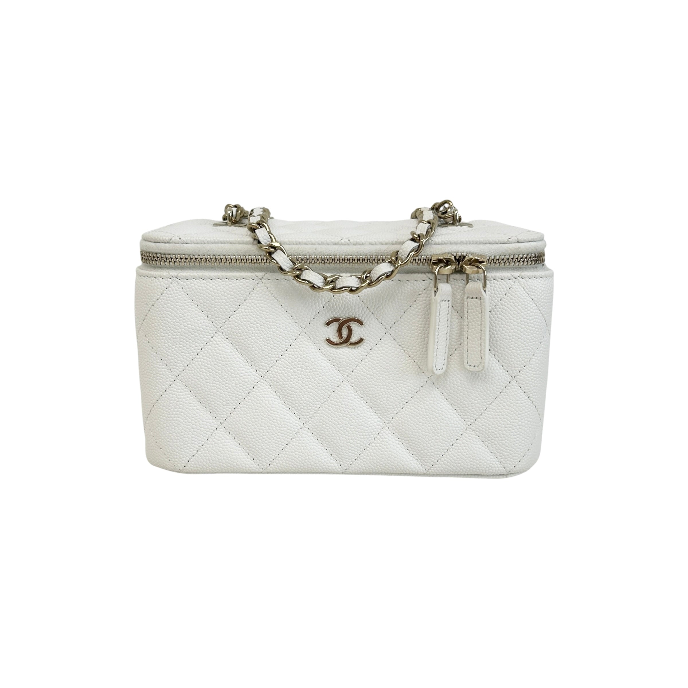 White Quilted Caviar Leather Small Vanity Case with Chain Bag w/GHW