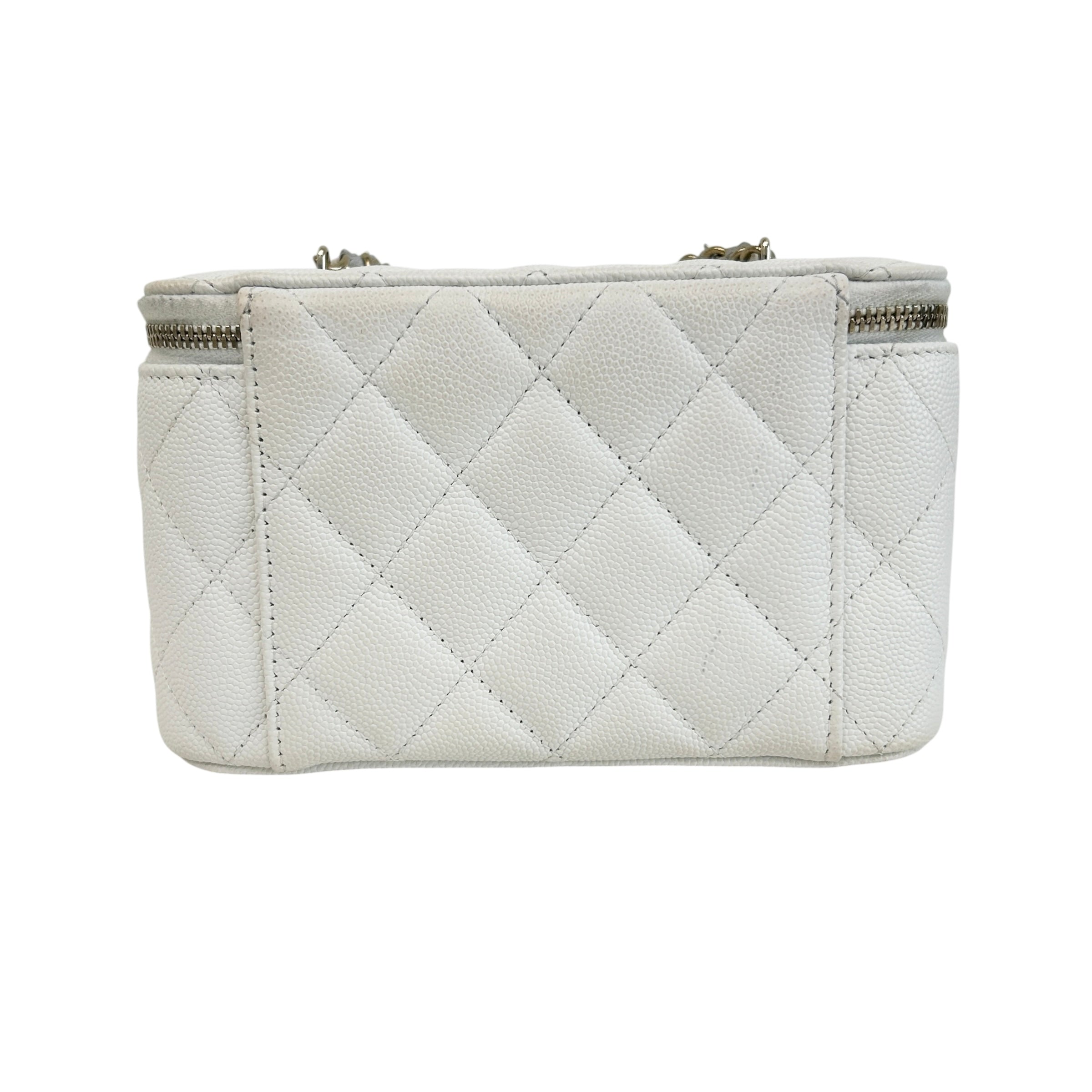 White Quilted Caviar Leather Small Vanity Case with Chain Bag w/GHW