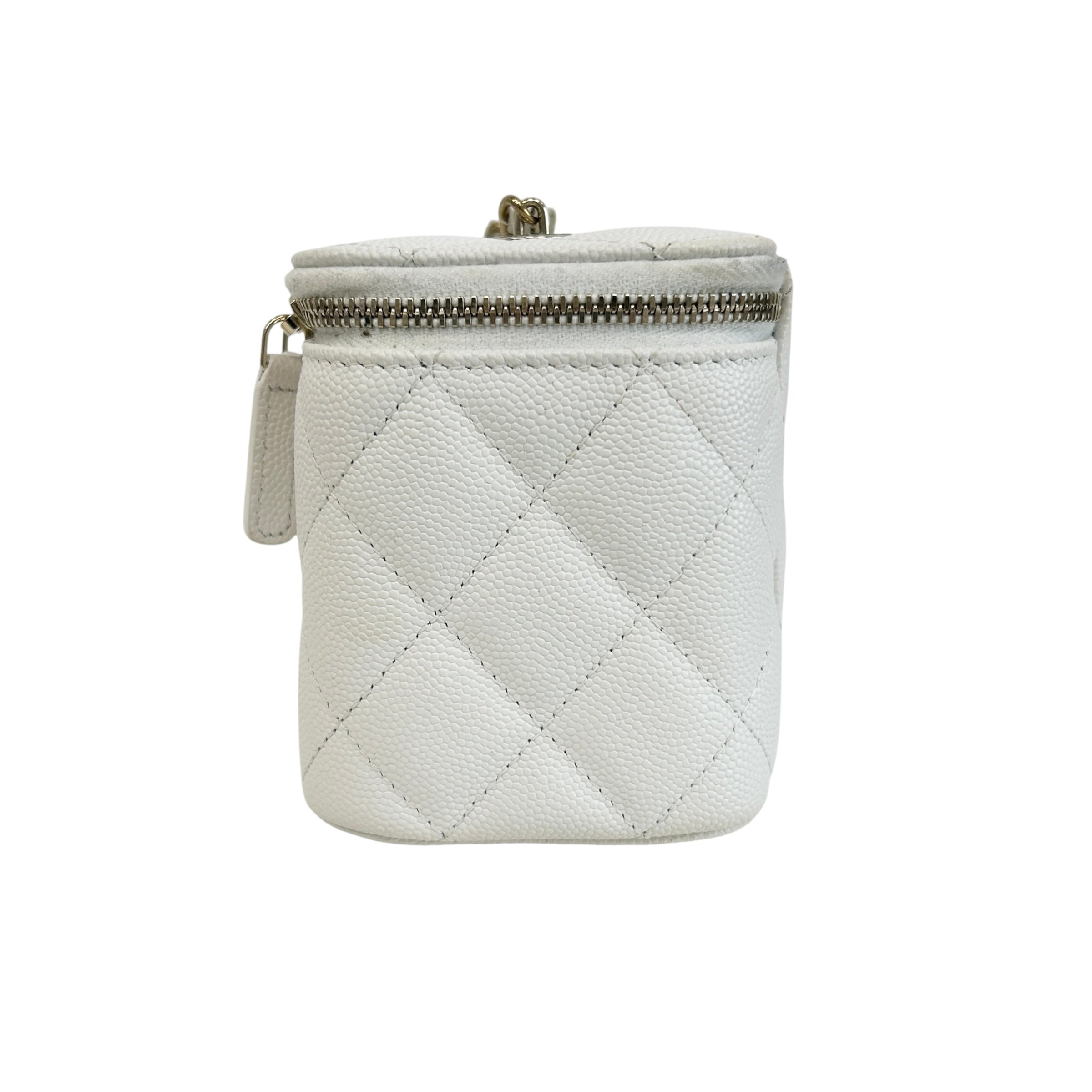 White Quilted Caviar Leather Small Vanity Case with Chain Bag w/GHW
