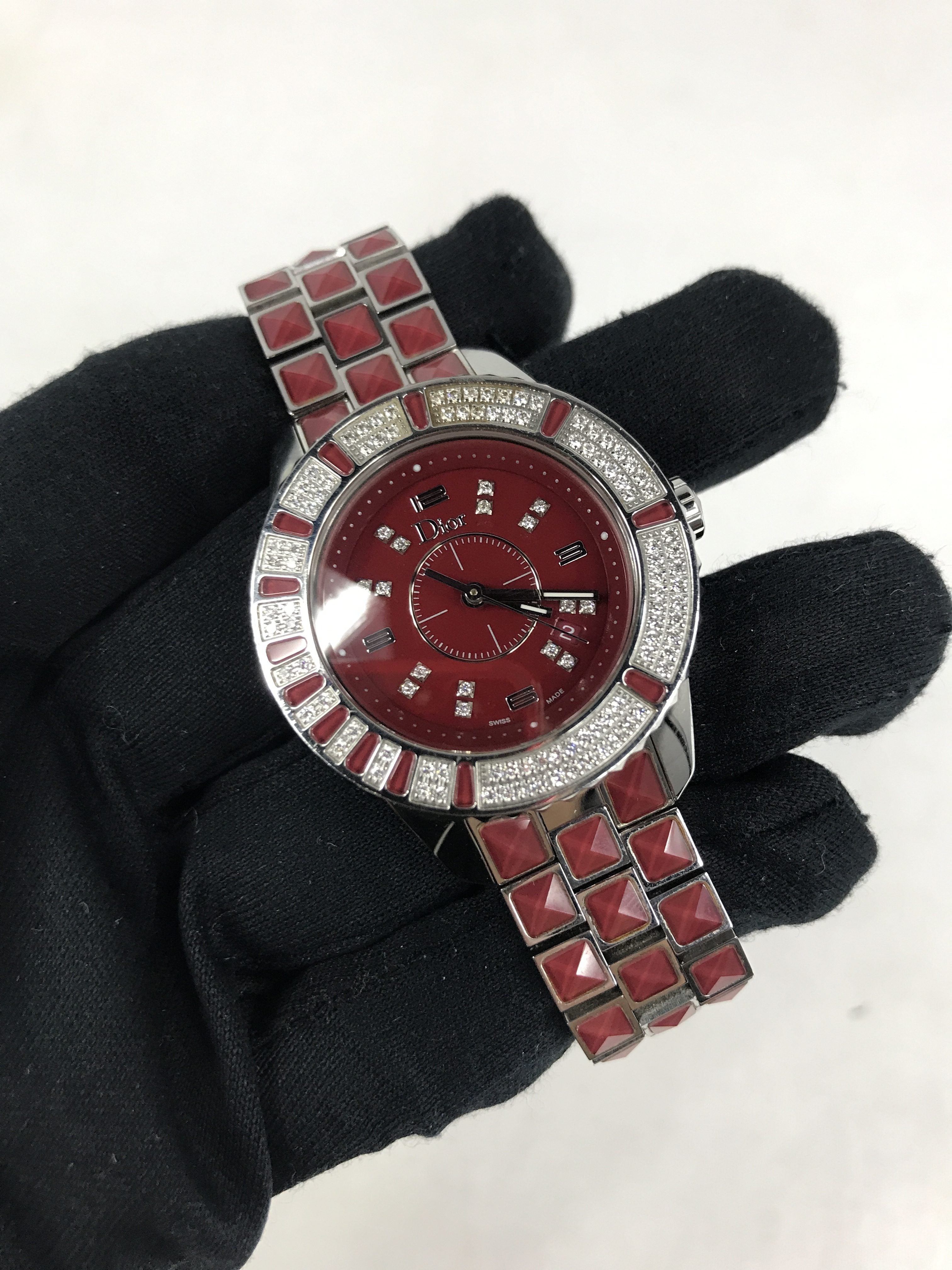 Red Enamel/Diamond and Blue Sapphire Crystal/ Stainless Steel Watch w/66 diamond