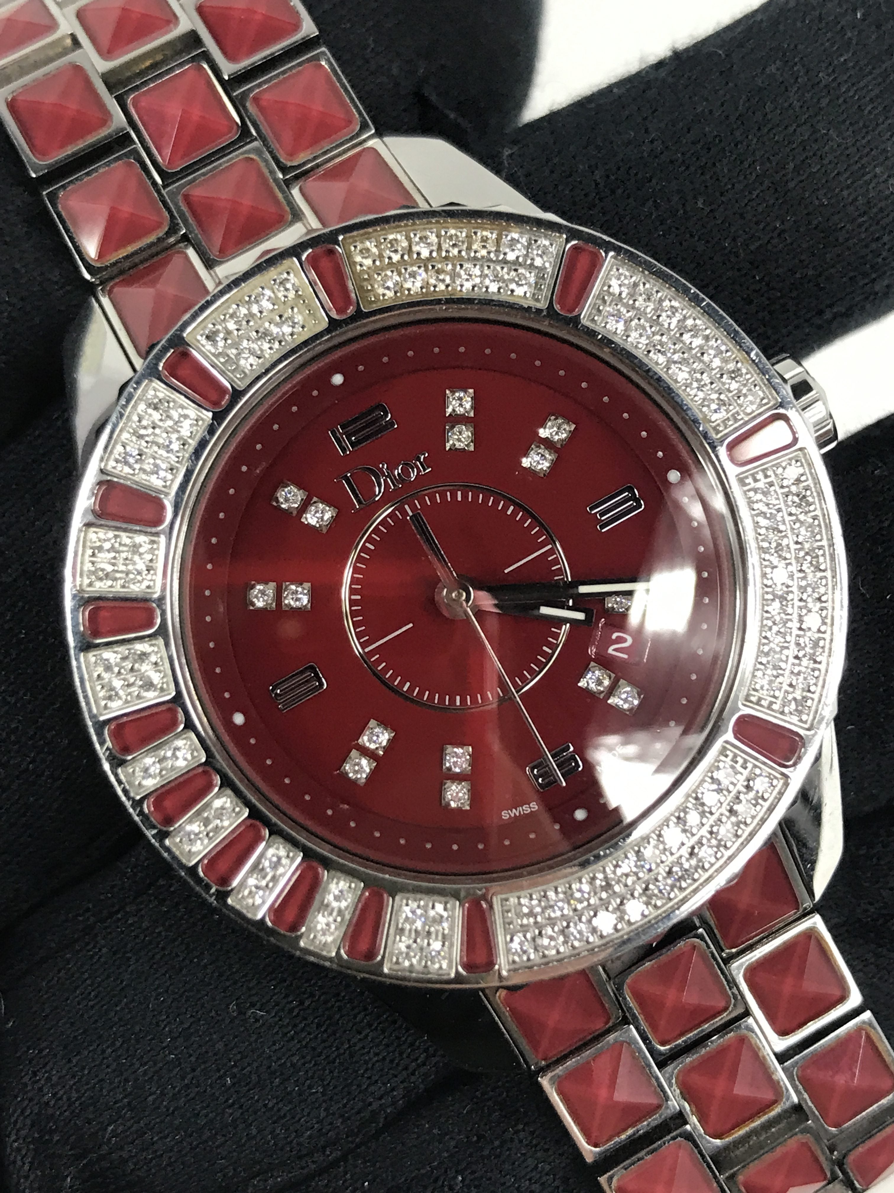 Red Enamel/Diamond and Blue Sapphire Crystal/ Stainless Steel Watch w/66 diamond