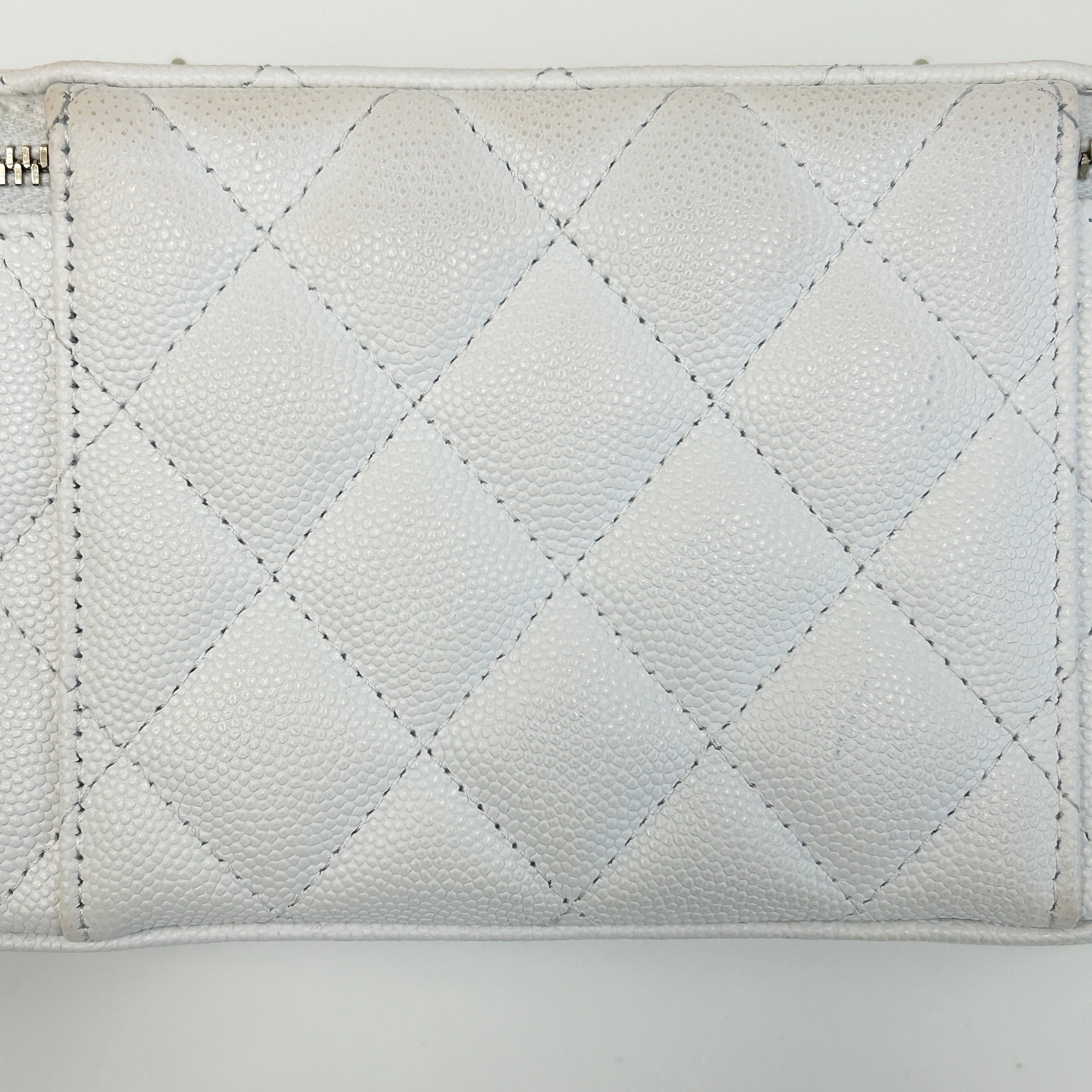 White Quilted Caviar Leather Small Vanity Case with Chain Bag w/GHW