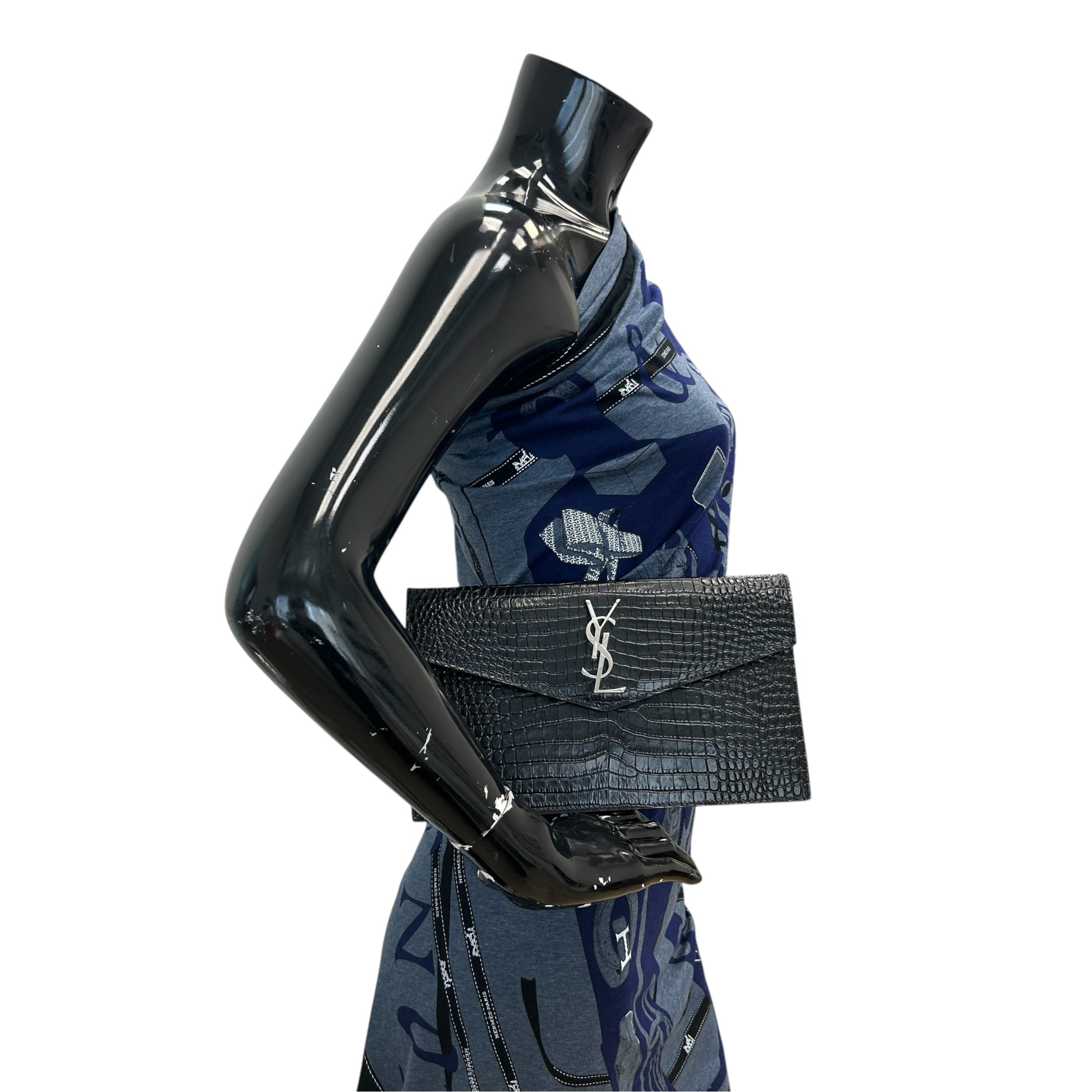 Black Crocodile Embossed Shiny Leather Uptown Pouch w/SHW