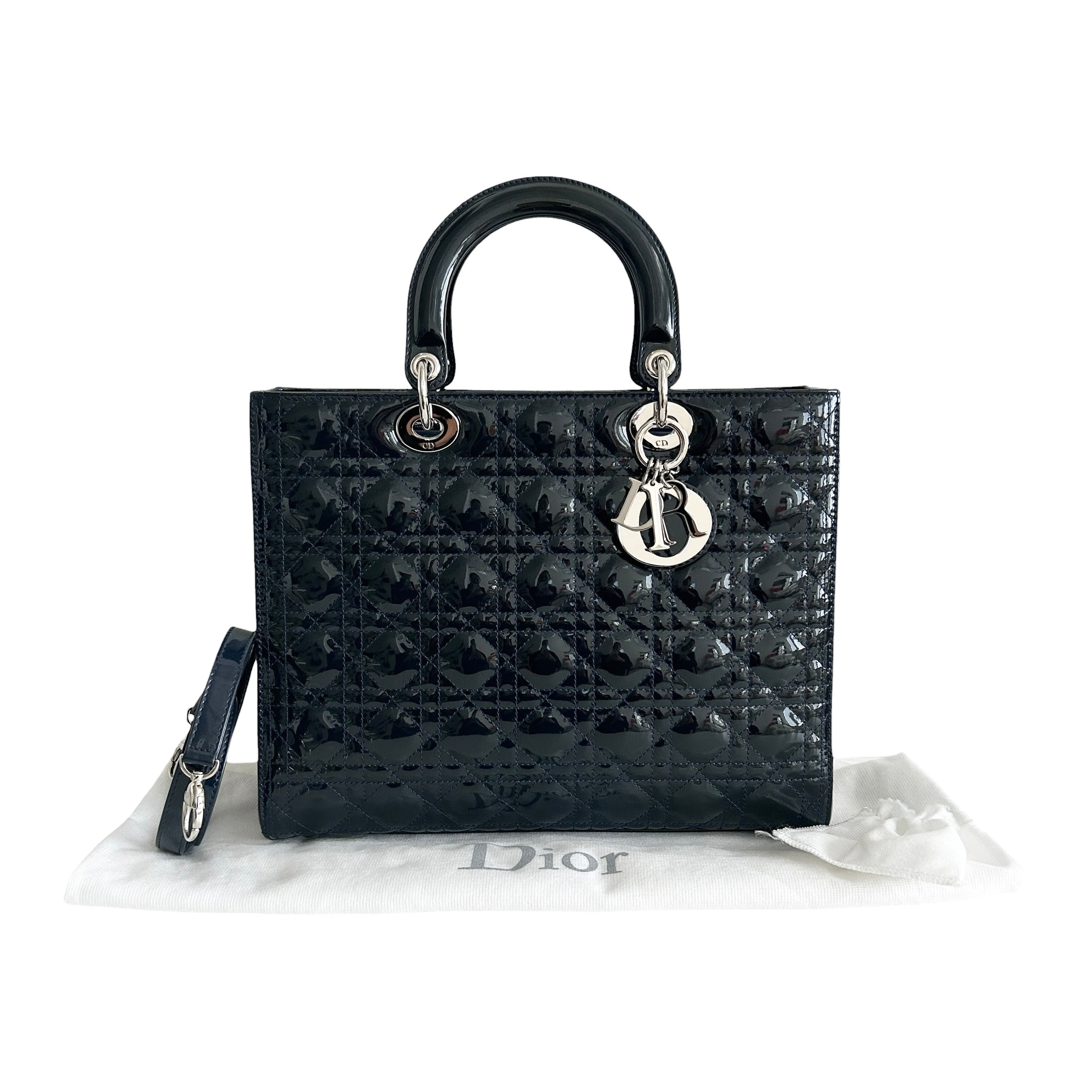 Navy Lady Dior Cannage Patent Leather Large Tote Bag