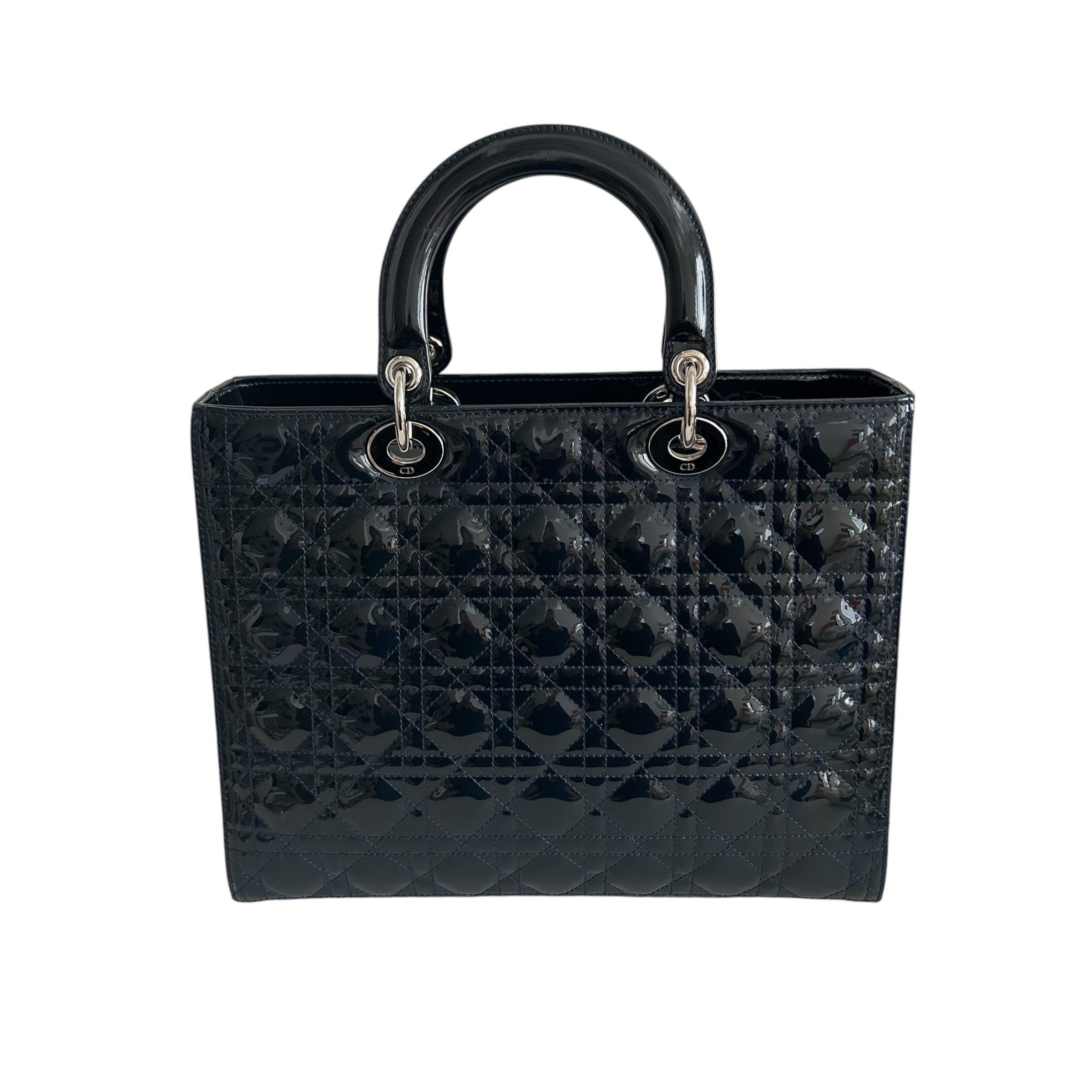 Navy Lady Dior Cannage Patent Leather Large Tote Bag