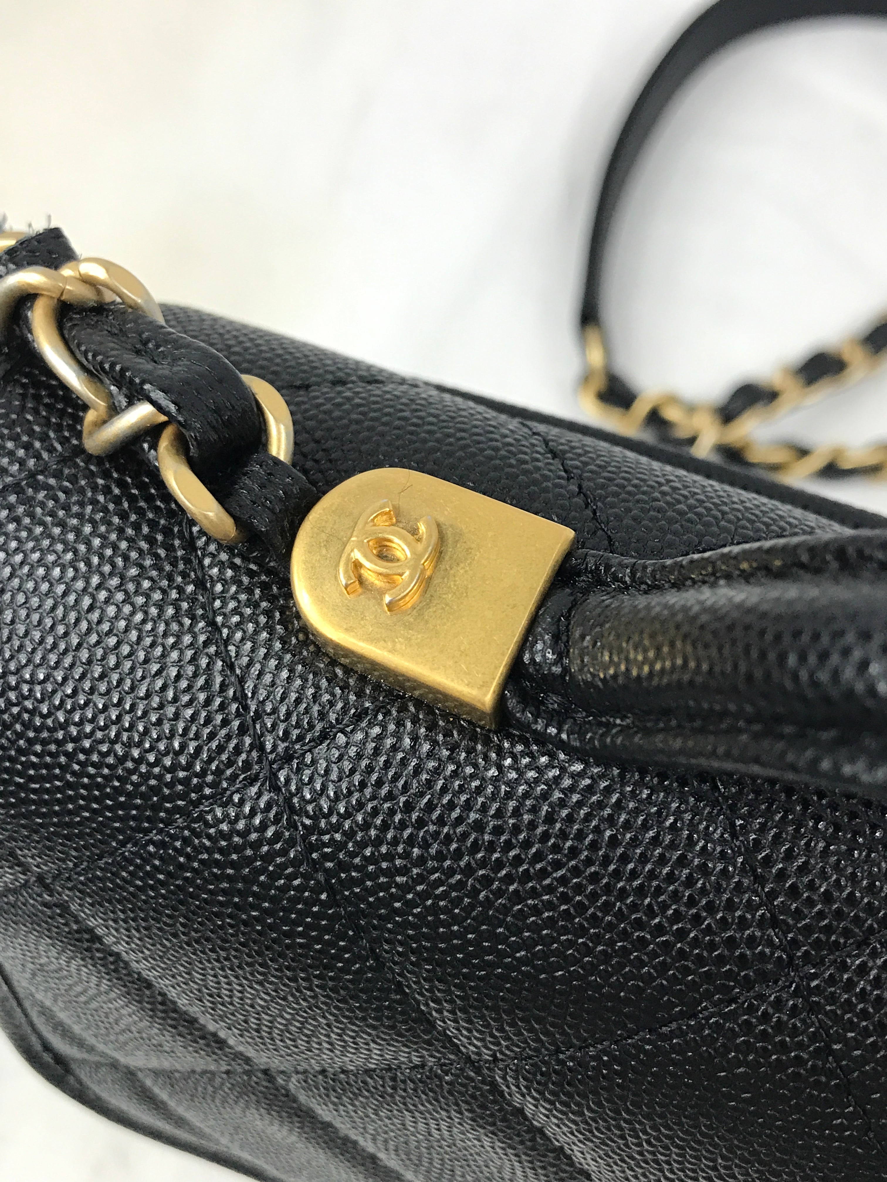 Black Quilted Caviar Top Handle Flap Bag w/AGHW