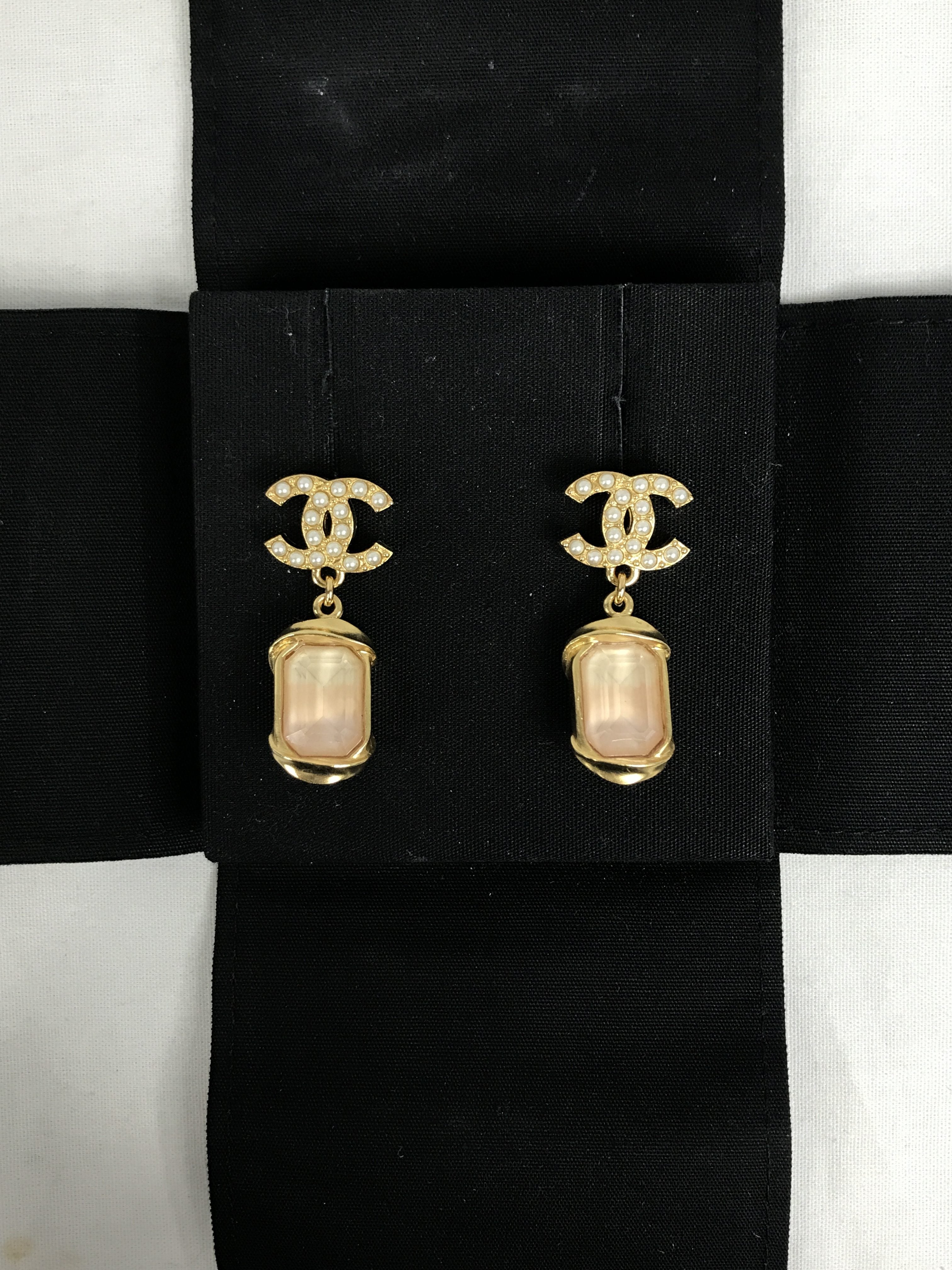 CC Seed Pearl Pink Crystal Emerald Cut Drop Earrings W/GHW
