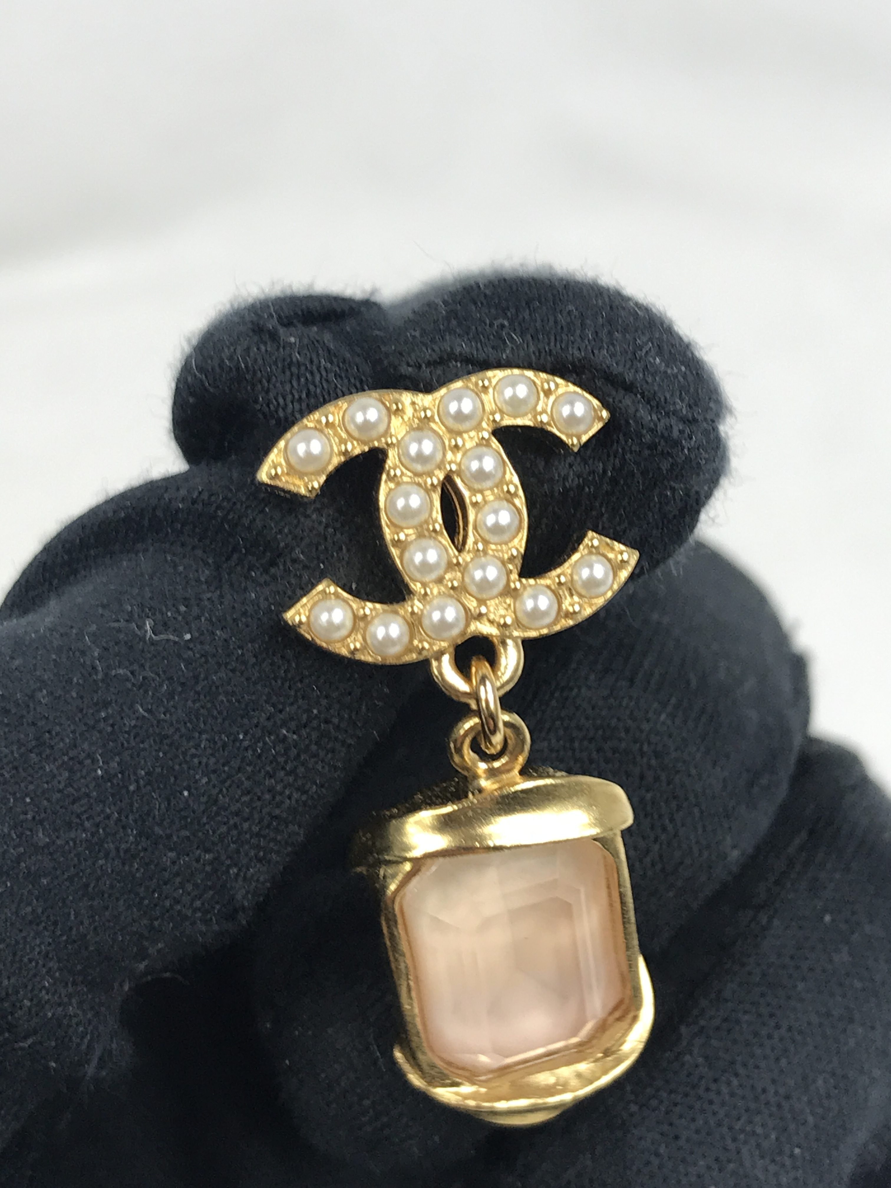 CC Seed Pearl Pink Crystal Emerald Cut Drop Earrings W/GHW