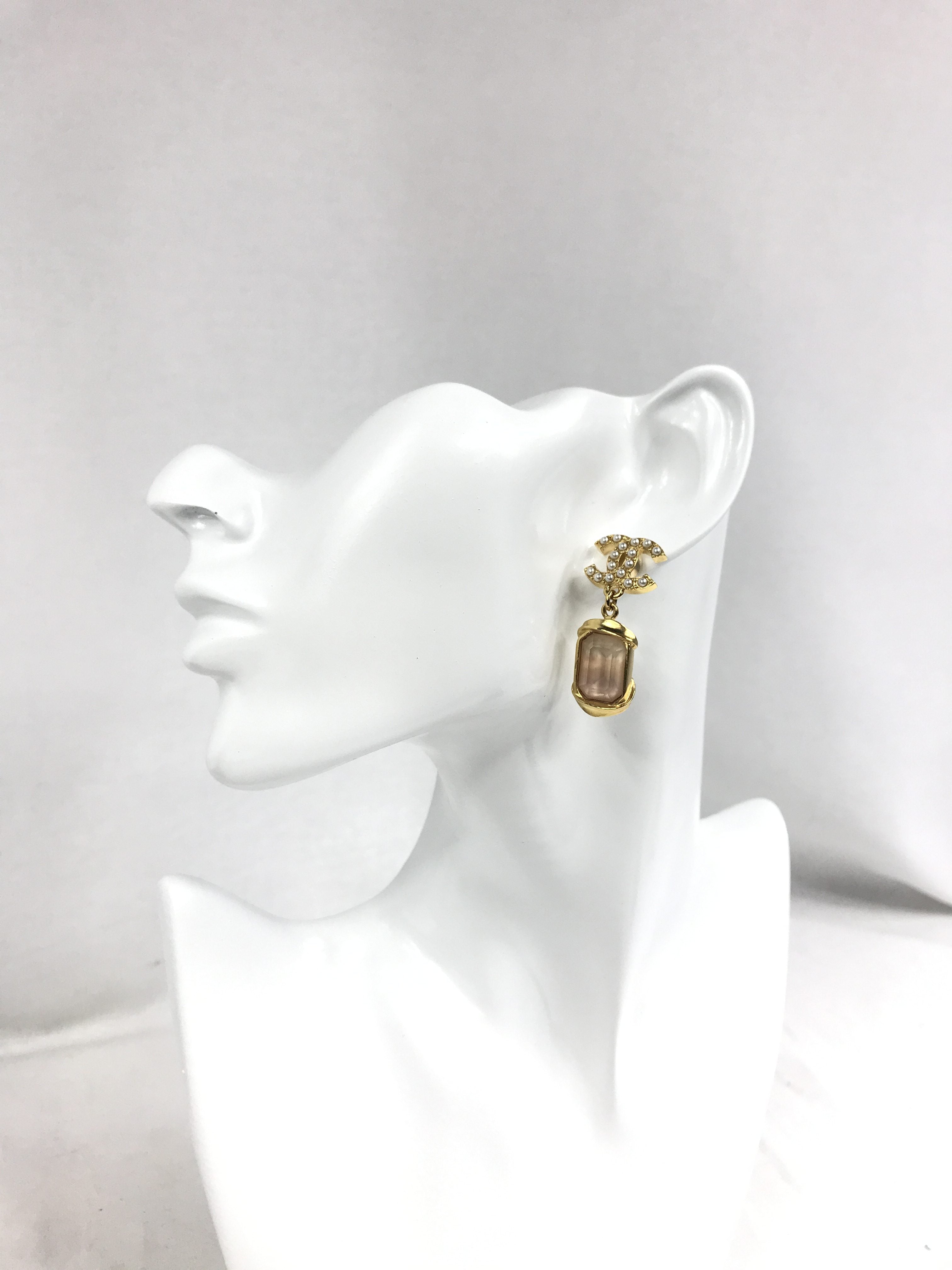 CC Seed Pearl Pink Crystal Emerald Cut Drop Earrings W/GHW