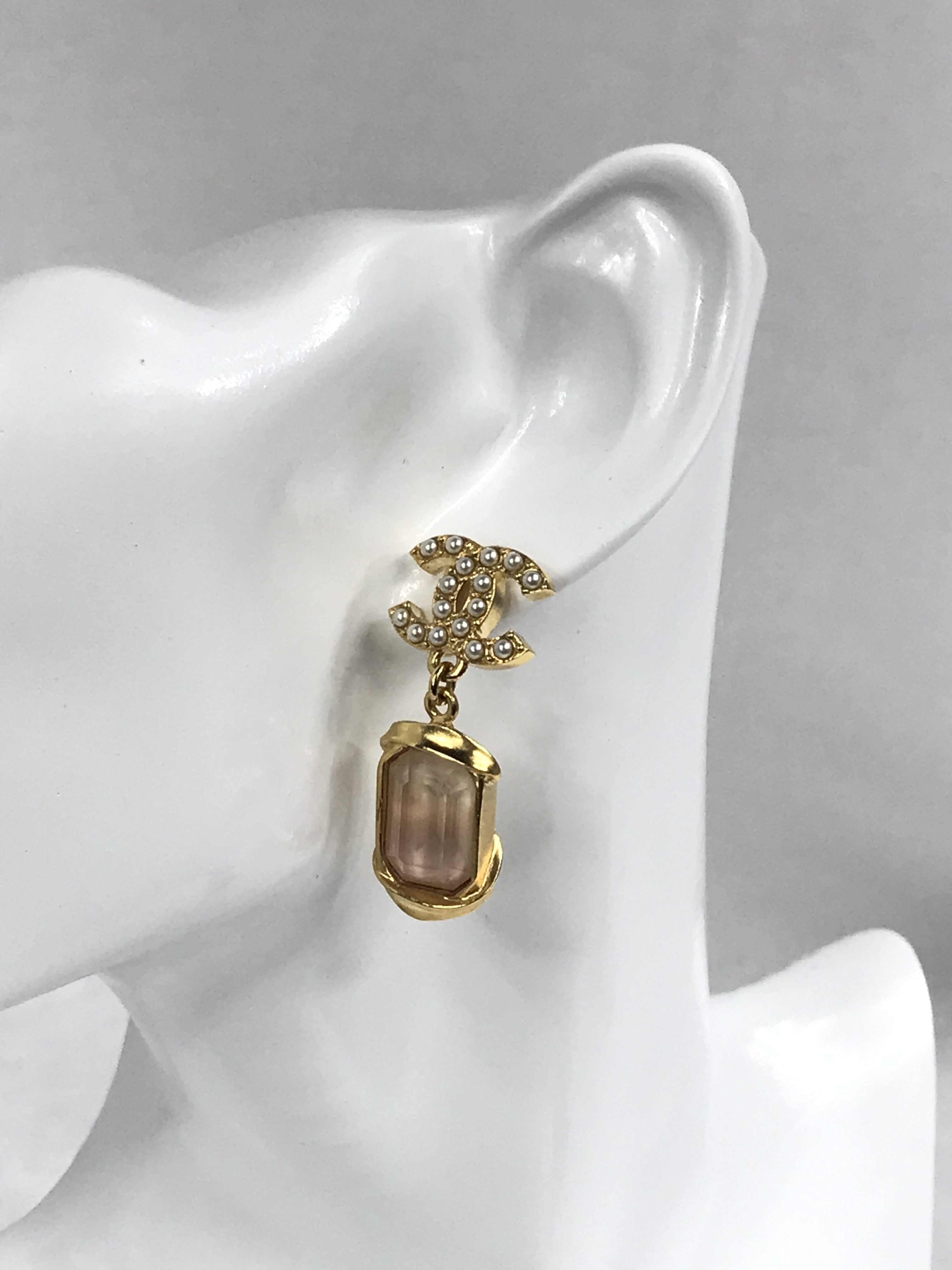 CC Seed Pearl Pink Crystal Emerald Cut Drop Earrings W/GHW
