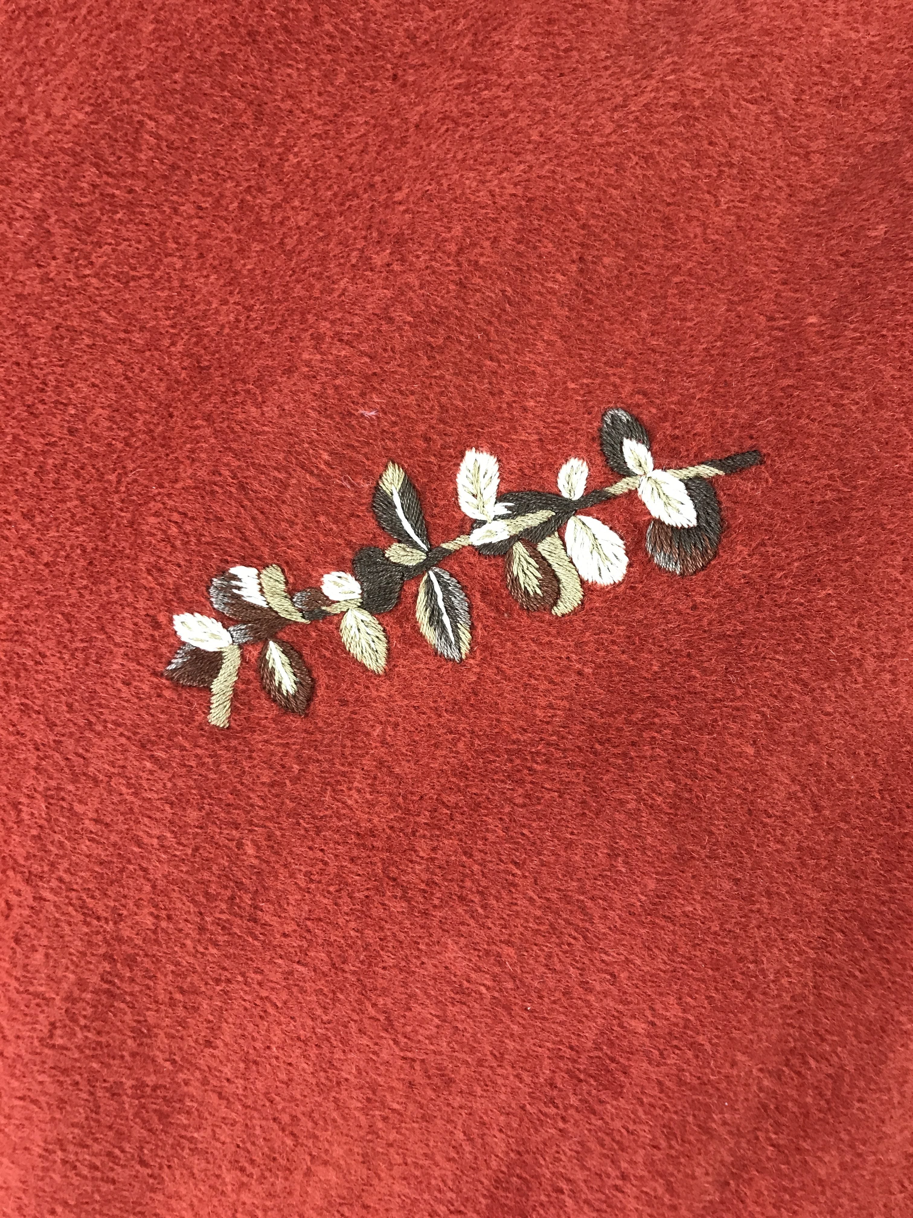 Vintage 80's-90's Exceptional Leaves Walk-In The Park Embroidered Plaid Wool/Cashmere Throw w/Suede Goatskin