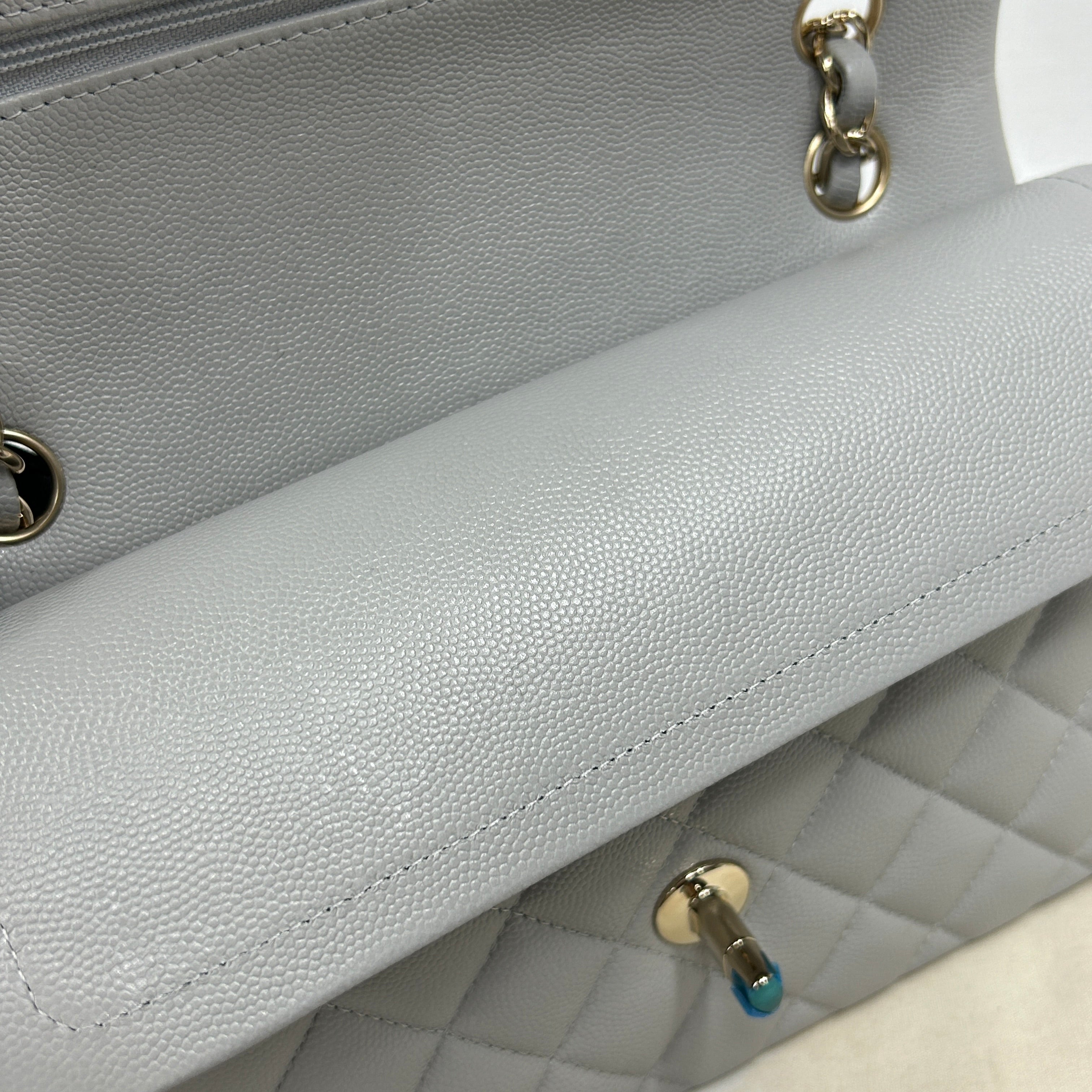 Light Grey Quilted Caviar Small Double Flap Classic W/LGHW-ON LAYAWAY