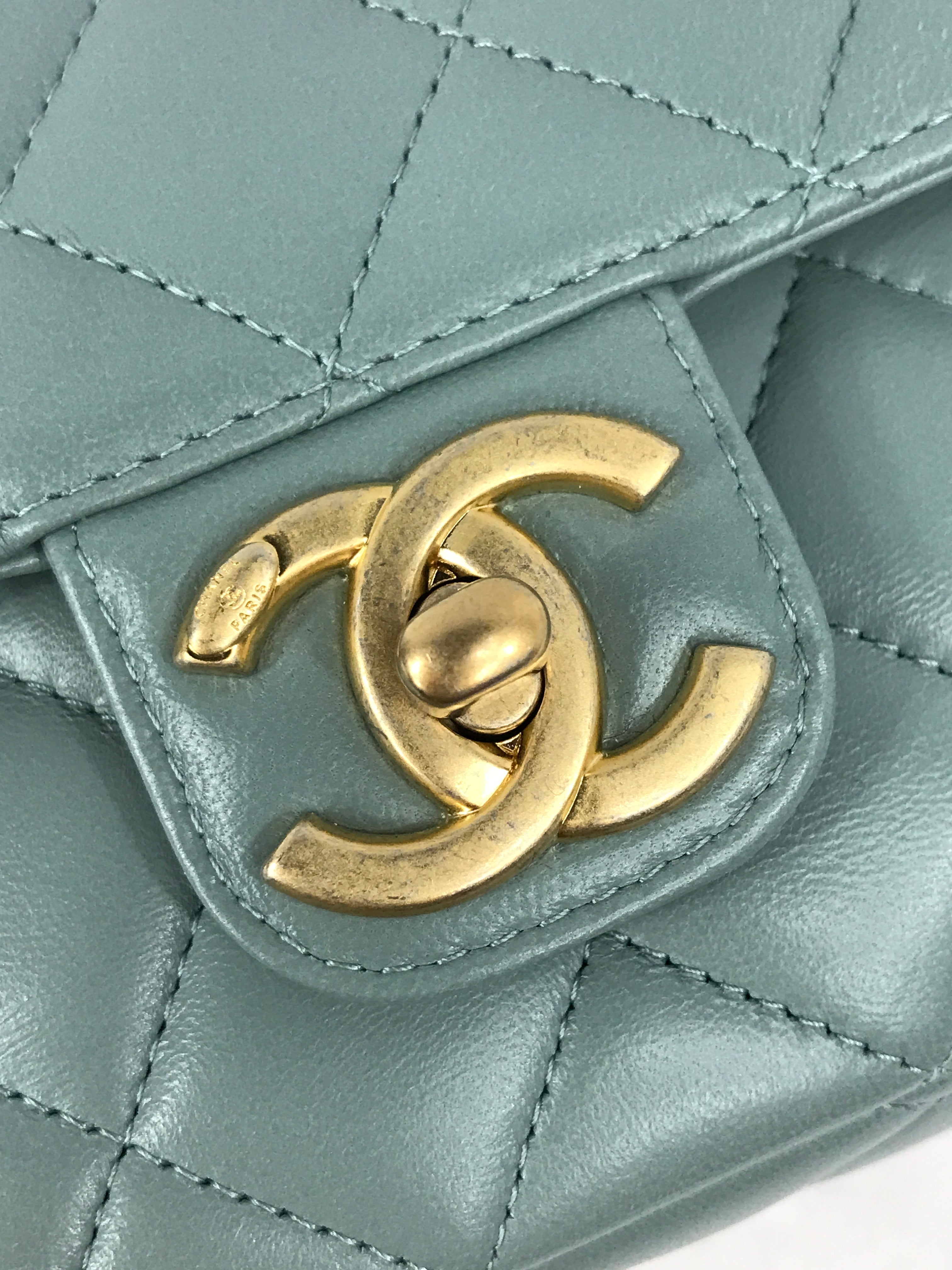 Chanel Light Grey/Blue Quilted Lambskin Mini Cruise Square Flap Bag w/ Enamel & GHW