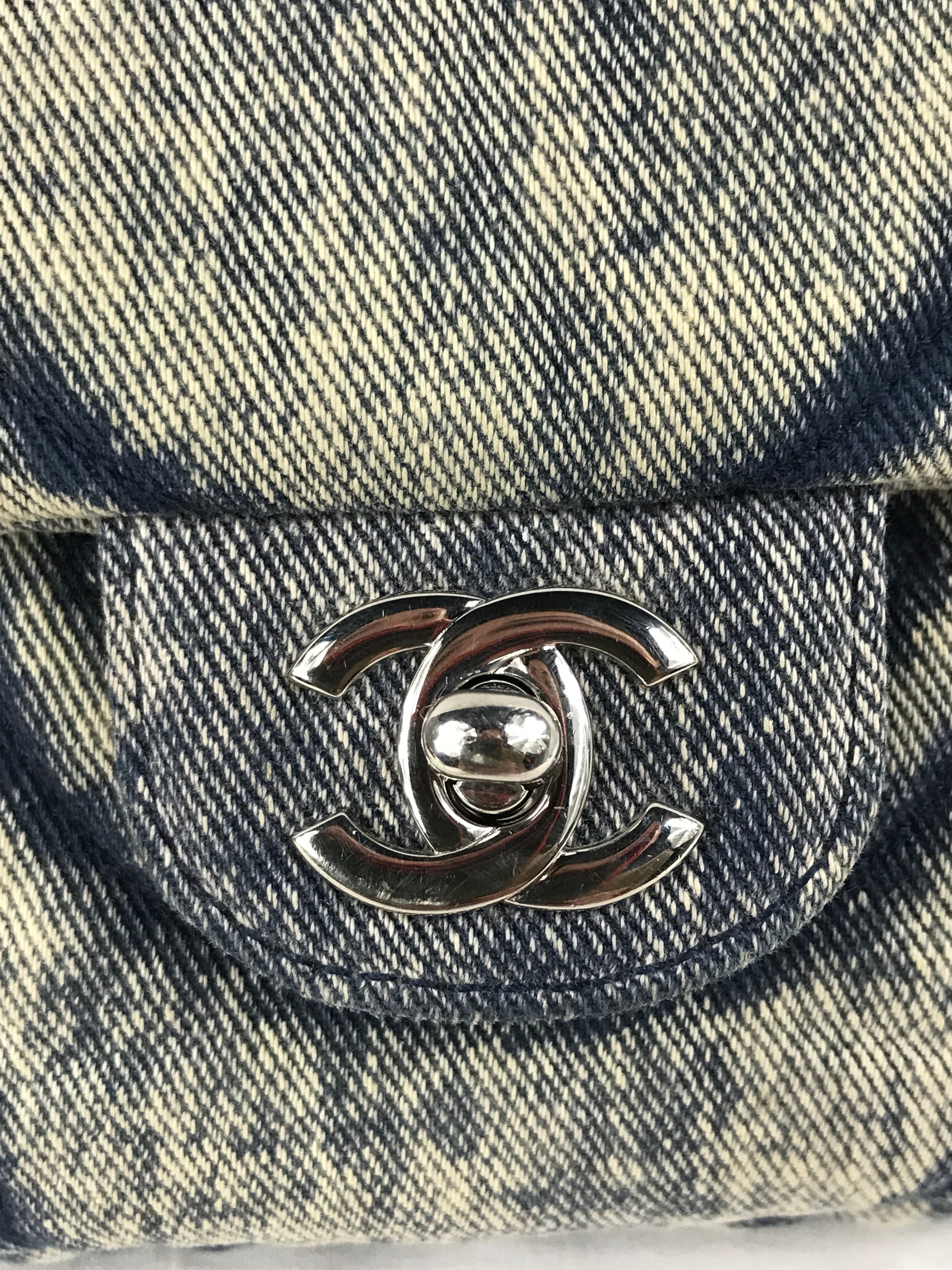 CC Blue Denim Wave Flap Bag w/SHW/ Blue enamel short strap