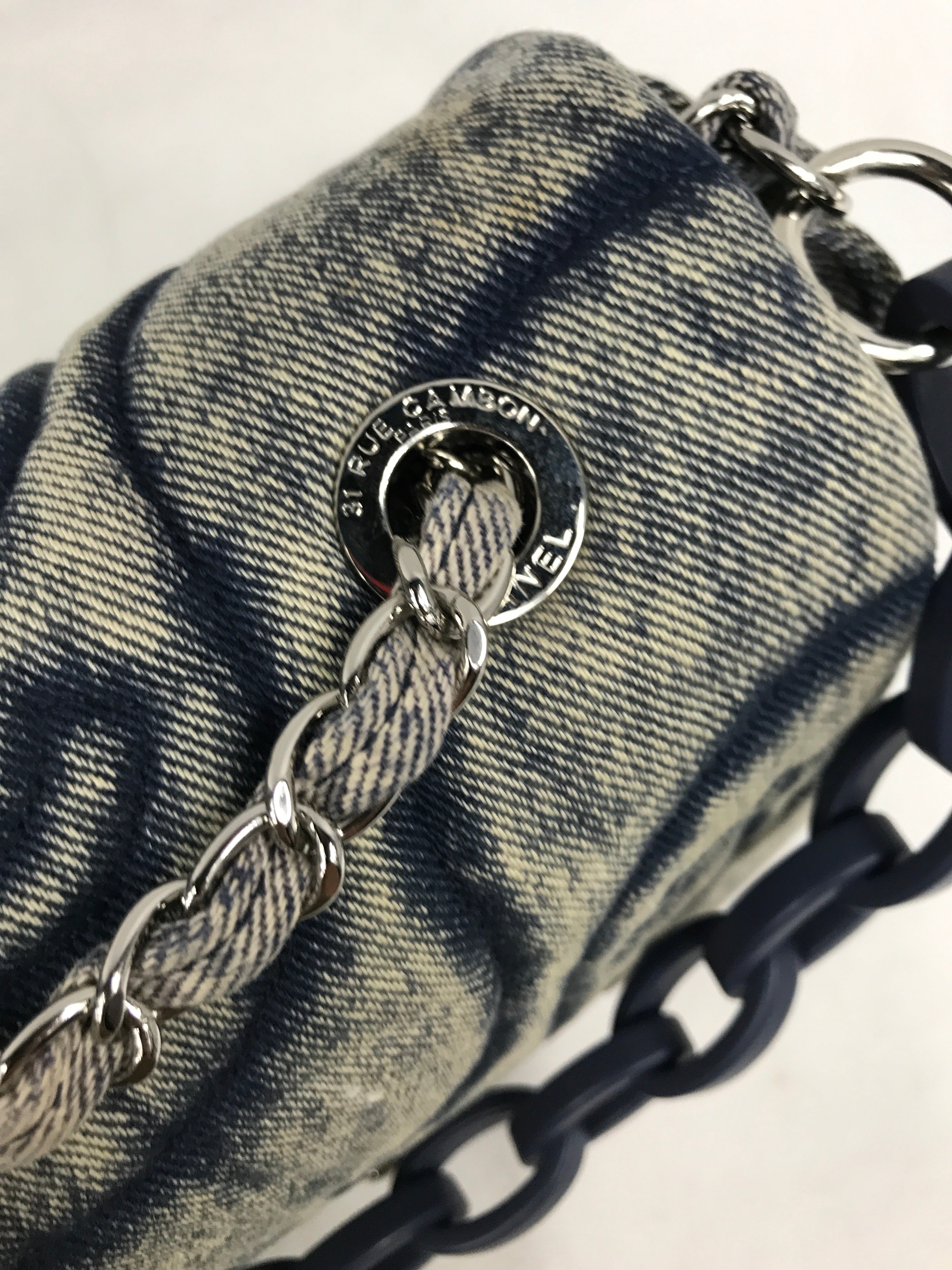 CC Blue Denim Wave Flap Bag w/SHW/ Blue enamel short strap