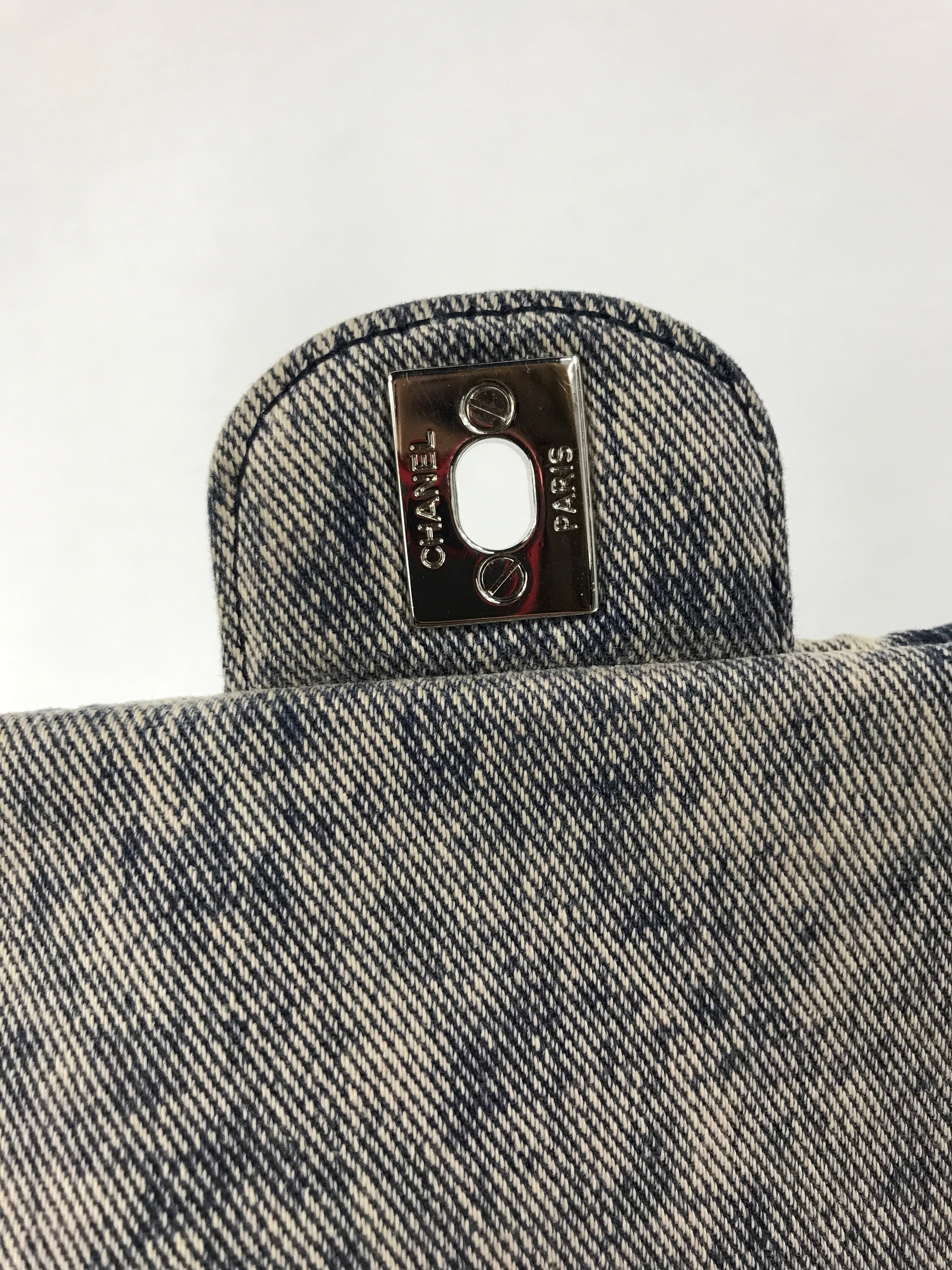 CC Blue Denim Wave Flap Bag w/SHW/ Blue enamel short strap