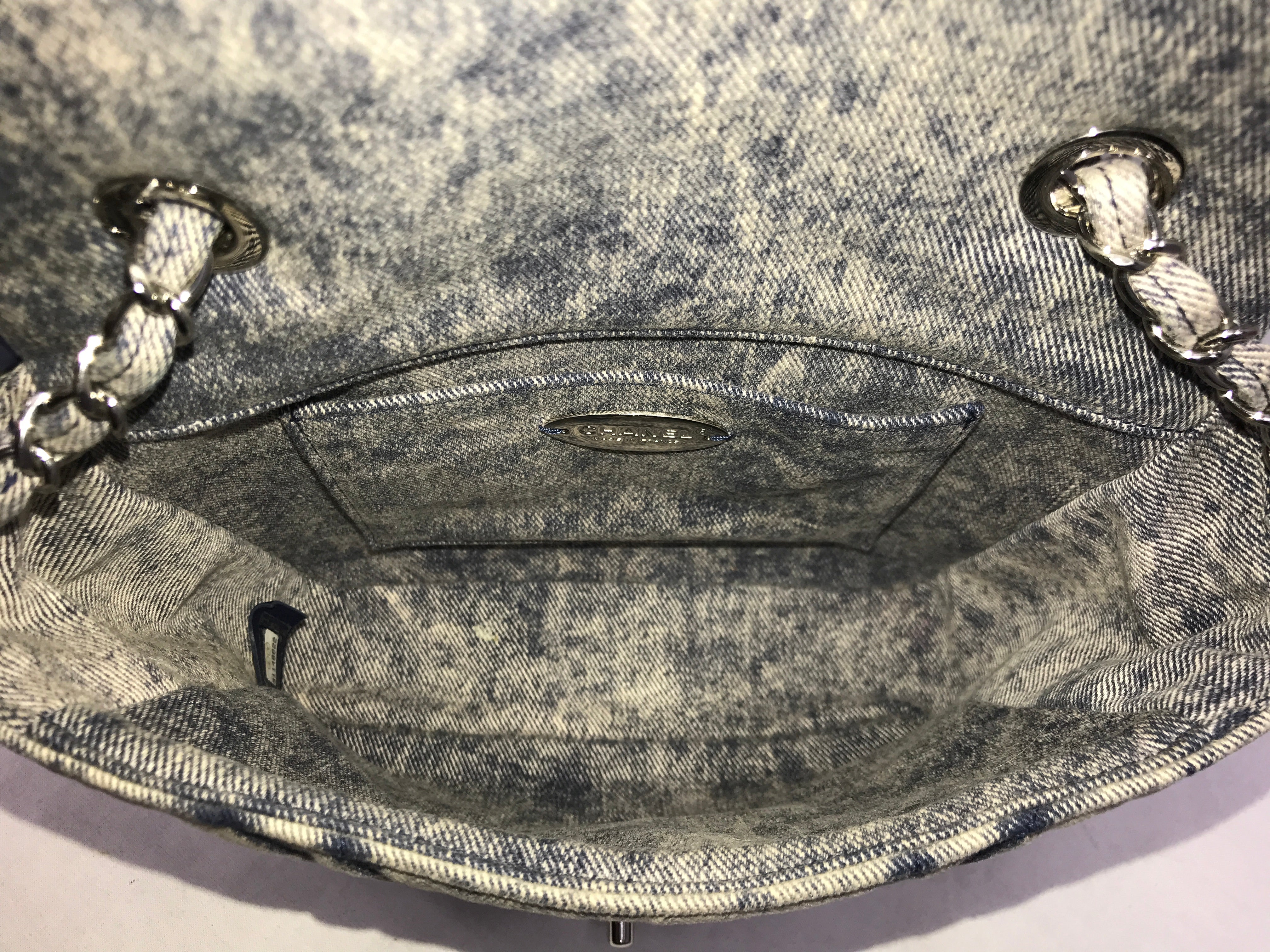 CC Blue Denim Wave Flap Bag w/SHW/ Blue enamel short strap